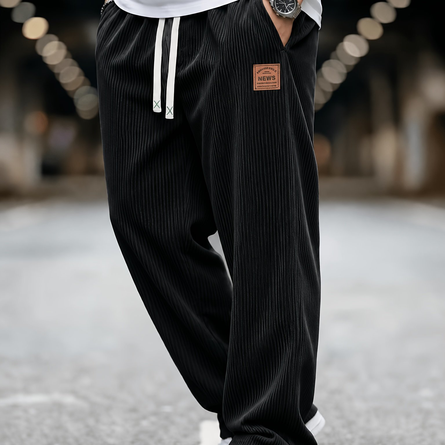 TEMU [gengyuanchi ] Corduroy Straight Casual Pants, Men's Drawstring Design, Label Embellishment, Loose Version, Comfortable And Versatile, Autumn