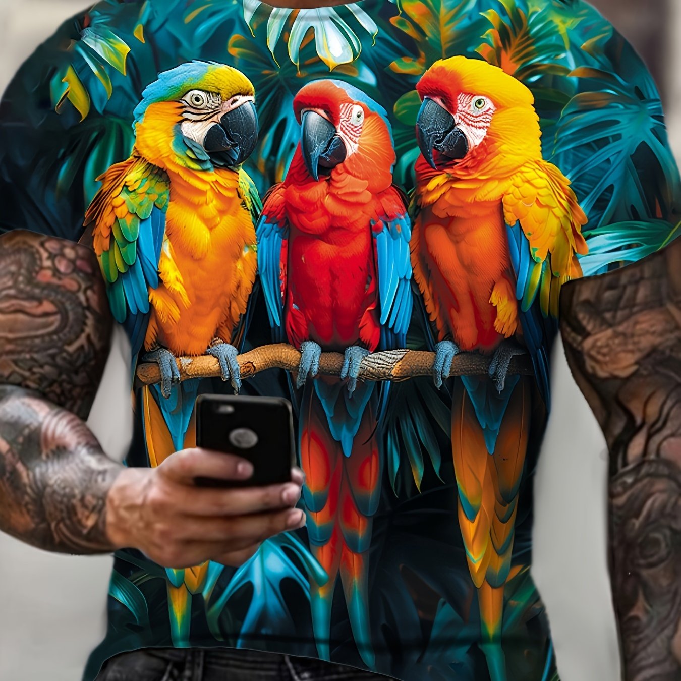 TEMU Plus Size Men's 3d Parrot Pattern Printed T-shirt, Summer Short Sleeve, Suitable For Tall Men, Casual Vacation Street Style, Oversized