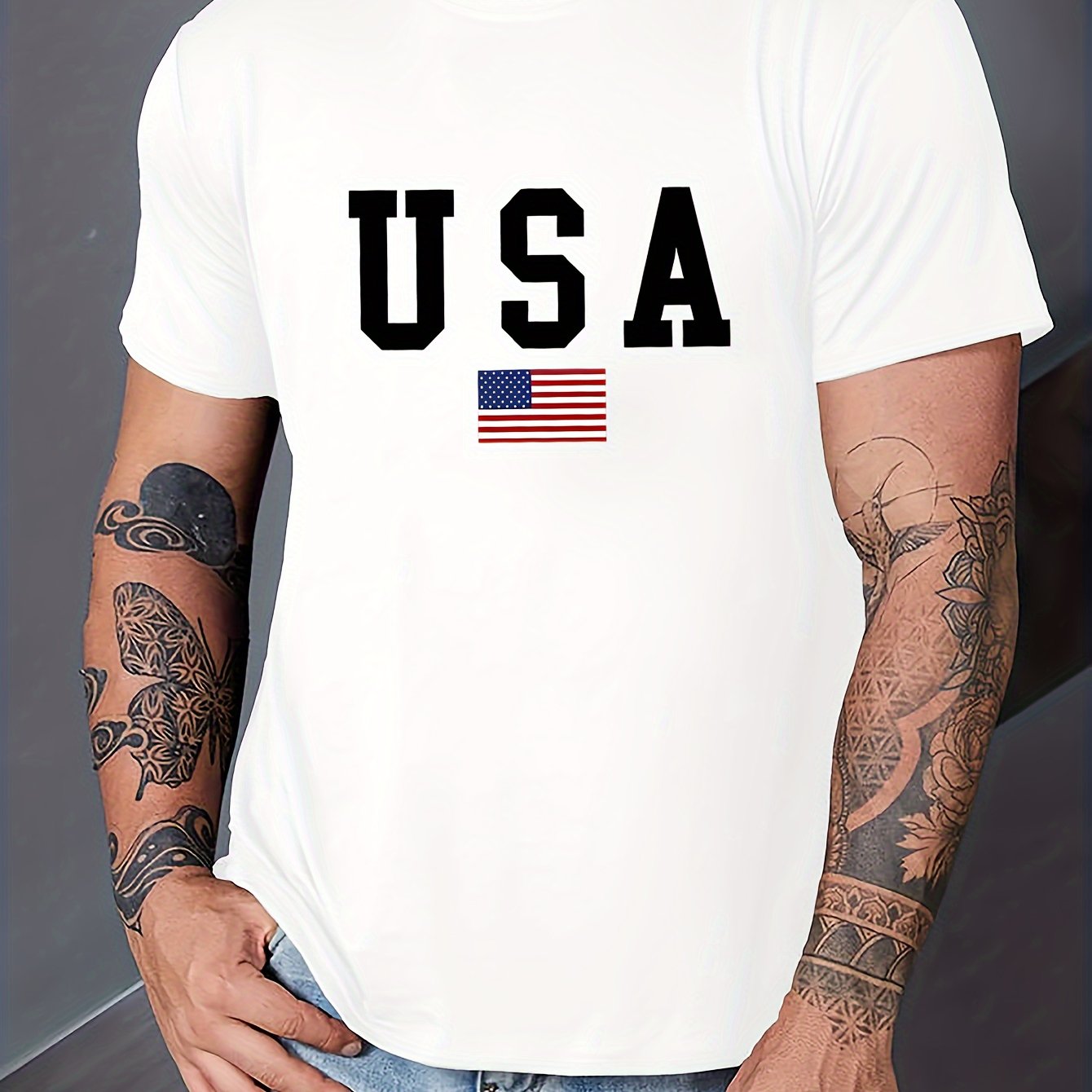 TEMU Usa Print, Men's Round Crew Neck Short Sleeve, Simple Style Tee Fashion Regular Fit T-shirt, Casual Comfy Breathable Top For Spring Summer Holiday Leisure Vacation Men's Clothing As Gift