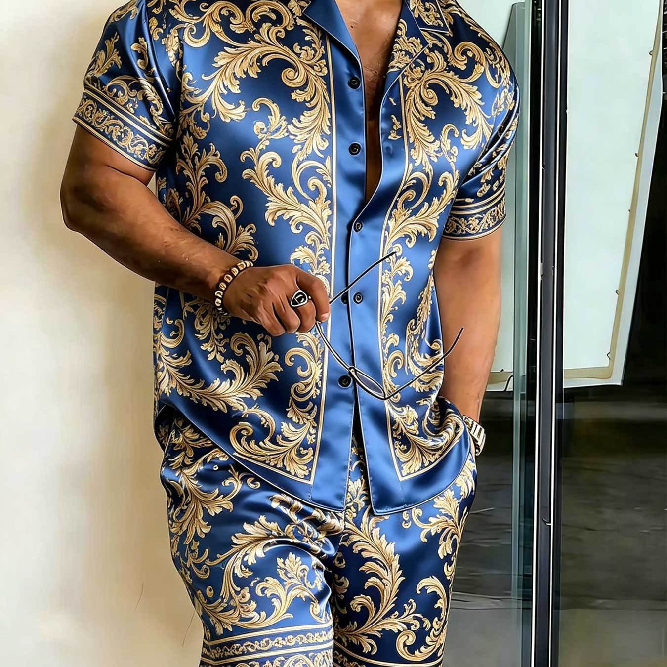 2pcs Set: Plus-size Men's Button- Short-sleeve Shirt And Shorts Set - Breathable And Comfortable, Perfect For And Occasions. Gift For Family, , Brothers, , Plus Size