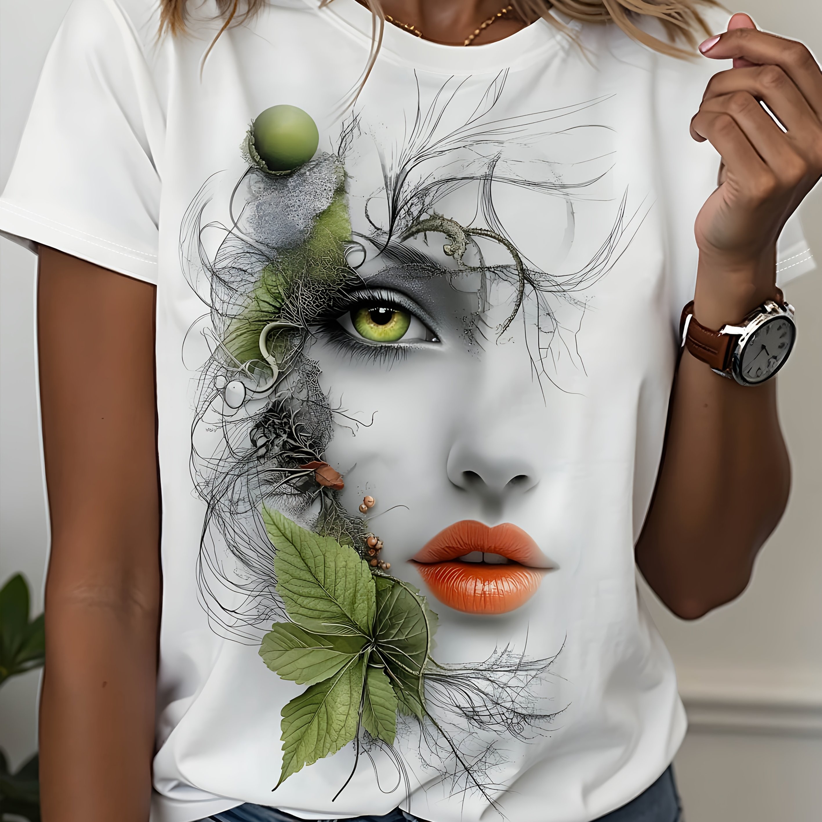 Image of -garde Art, Women's Creative Plant Face Print Short-sleeve T-shirt, Green Leaves And Vines , Unique Visual, Fashionable And Personalized Item, Machine Washable