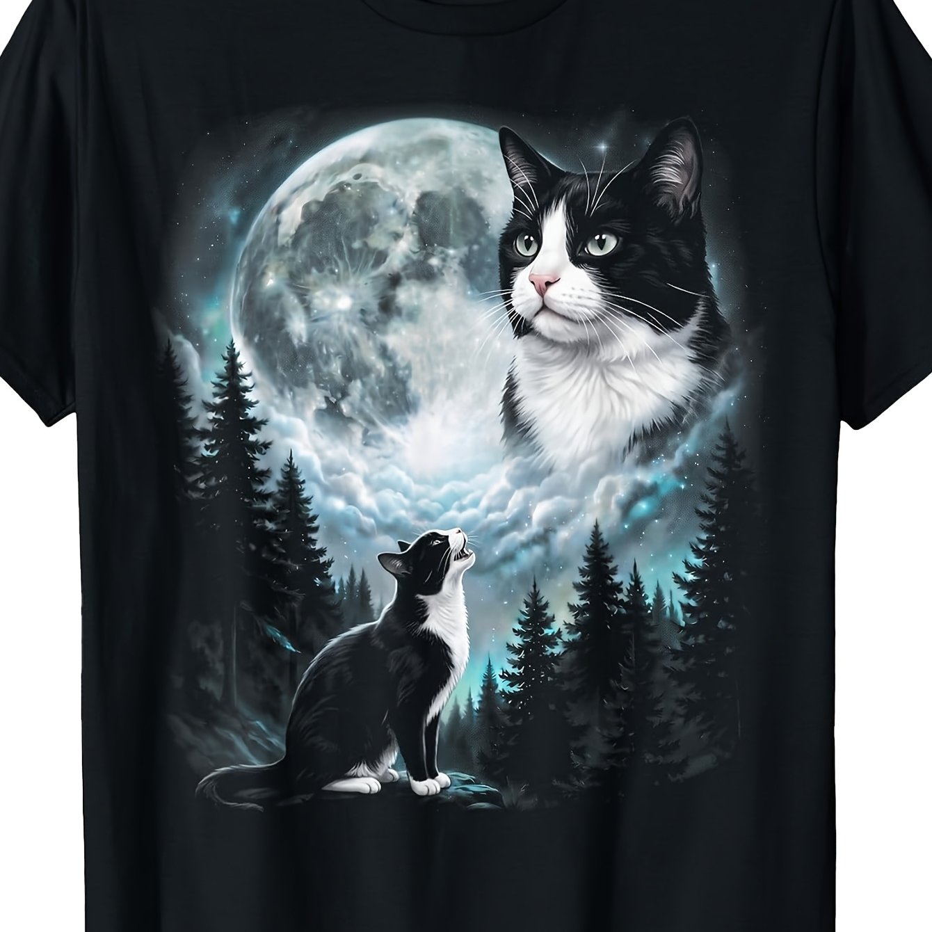 Image of Tuxedo Cat At Moon Retro 90s Graphic Tee Men's Black Tee Classic Perfect For Home|outdoor|work|gifting (birthdays|mother's Day|valentine's Day) Small-3xl Unisex