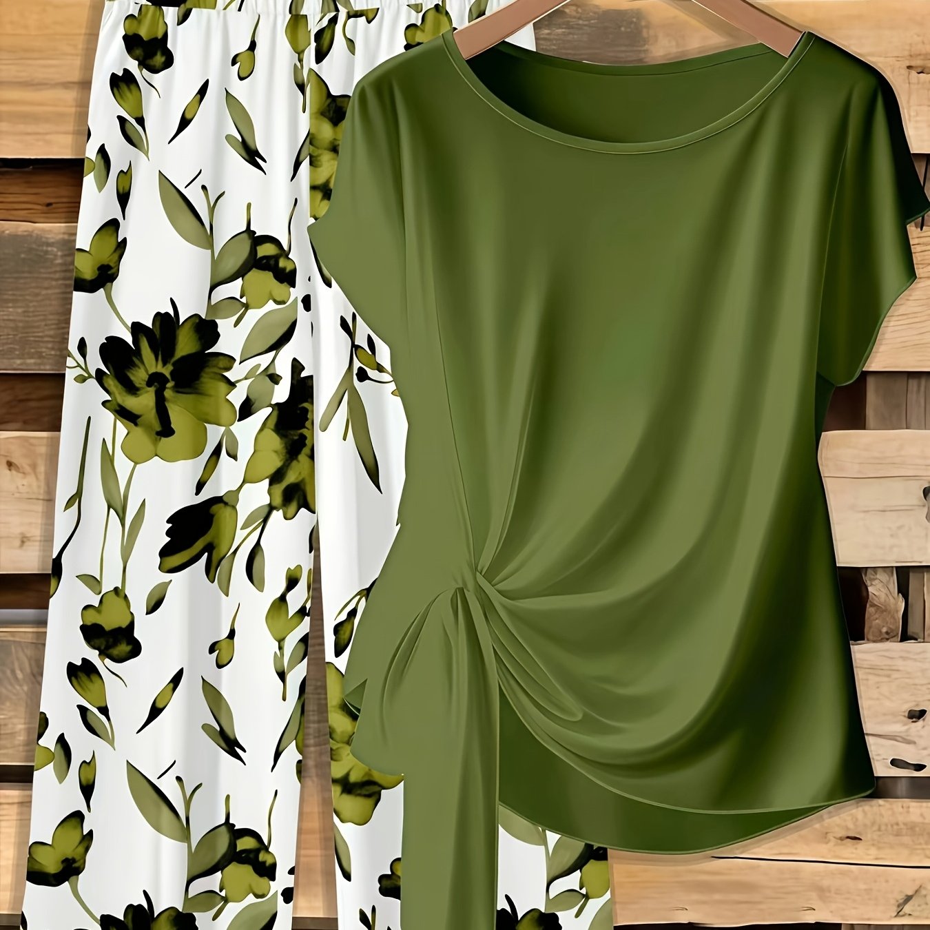 TEMU Ensemble Développement Mode Occidentale Tendance Nouveau Haut Col Rond Manches Couleur Unie Imprimé Floral Pantalon Long