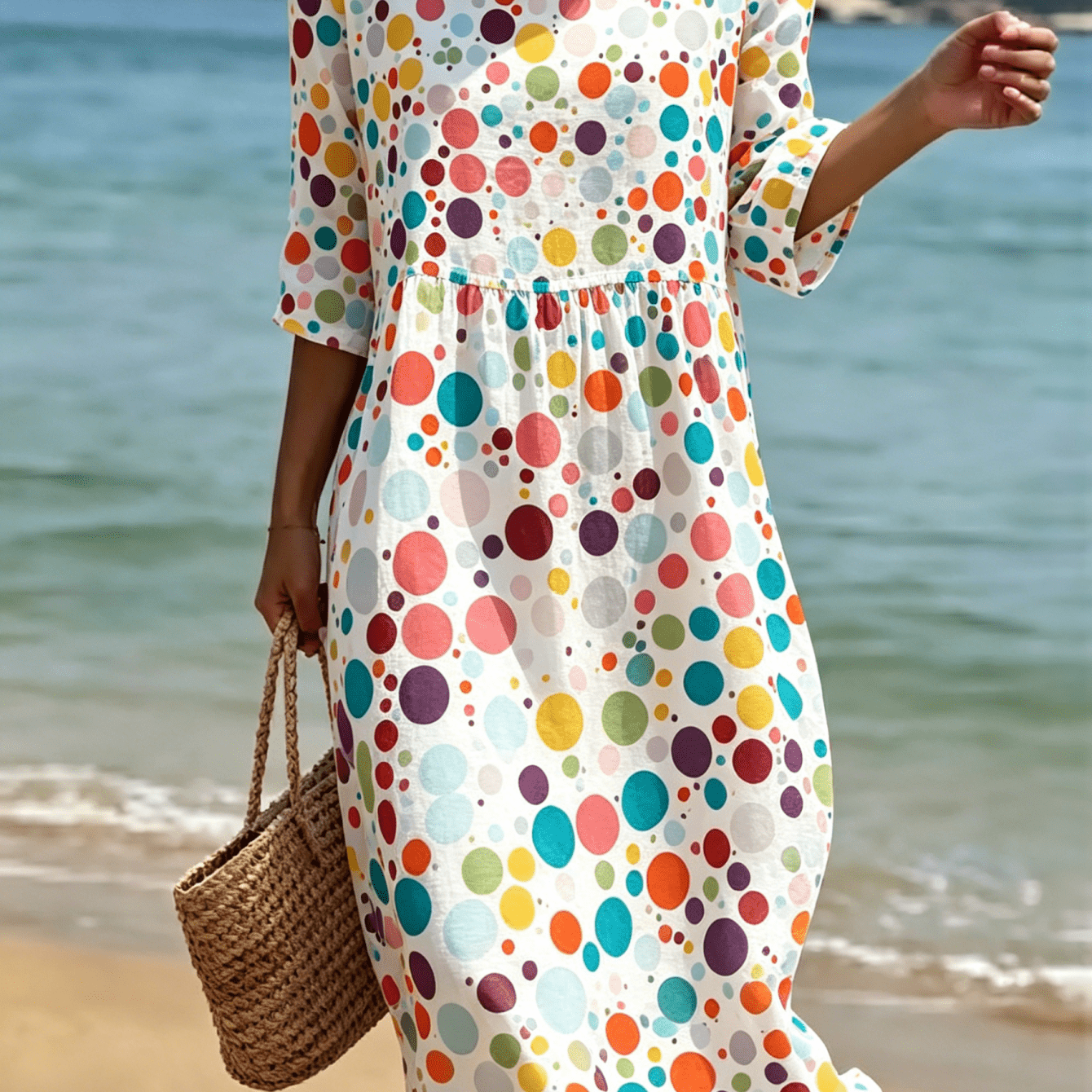 Image of 2026 New Women's Dress Colorful Polka Dots Casual Round Neck Summer Dress Suitable For Beach Vacations Summer Carnivals Casual Attire And Weekend Machine Washable Polyester