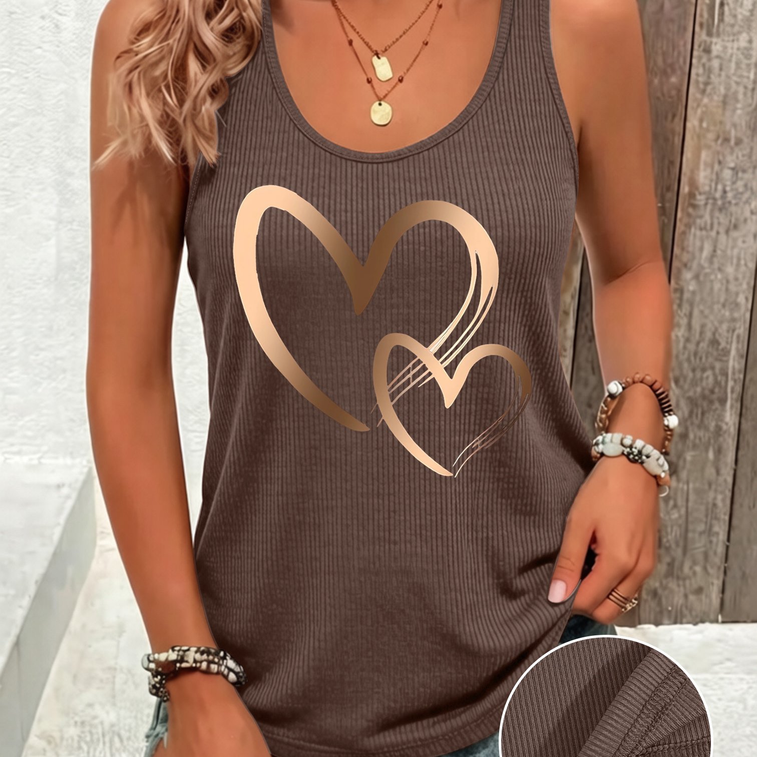 TEMU Women's Spring Summer Fashion Casual Ribbed Sleeveless Long Vest, Easy Heart Print T-shirt, Leisure Vacation Women's Soft Comfortable Breathable