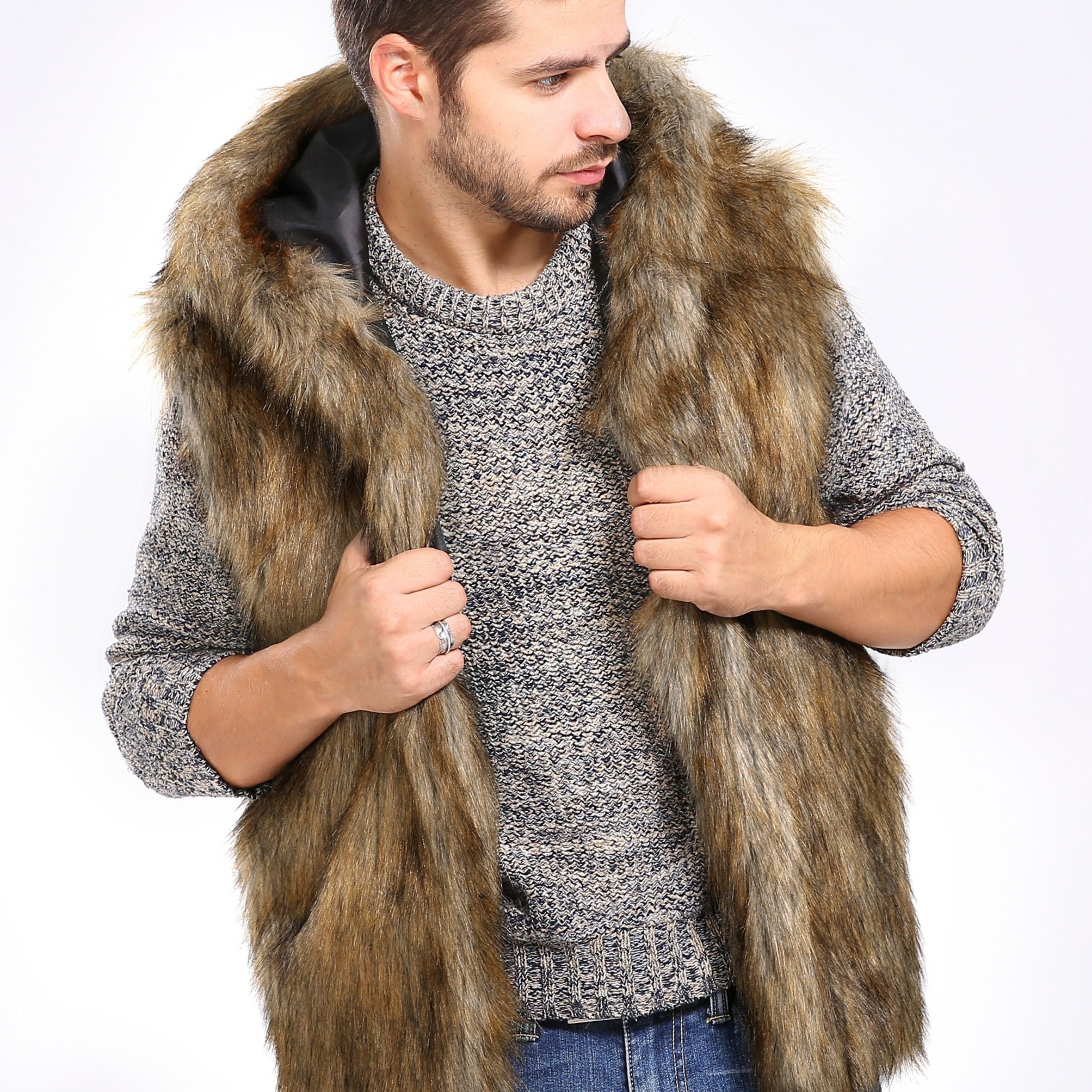 E-shop Herren Kunstfell Weste mit Kapuze, Trendiger Street Style, Winter Warme Ärmellose Jacke, Herren Warme Lässige Ärmellose Oberteil