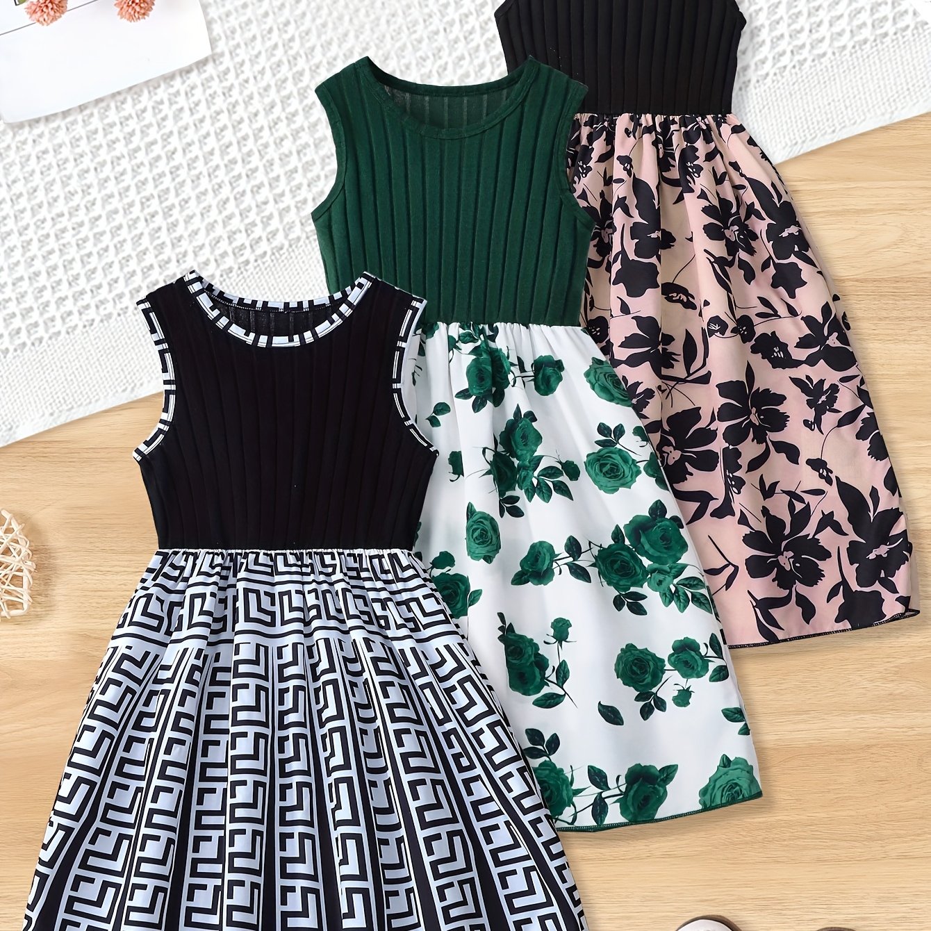 E-shop 3-teiliges Set und ältere Mädchen Sommer Einfarbig Rundhals Weste mit Geometrischem Muster und Blumenmuster Saum Elastischer Taillenrock -