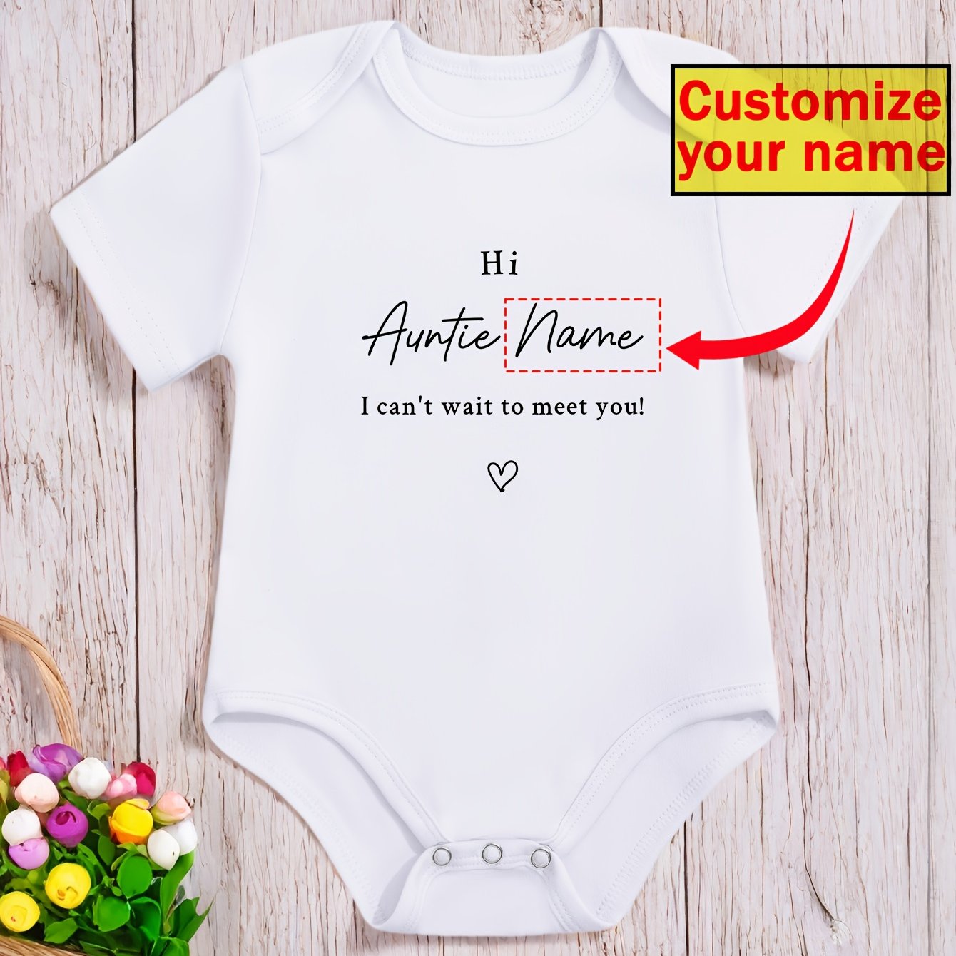 Image of Auntie Name Customization "hi Wait You!" Heart Print Round Neck Short Sleeve Bodysuit Spring Summer Casual Outing Outfit Unisex Baby Triangle Bodysuit Pregnancy Surprise Gift, For Outdoor