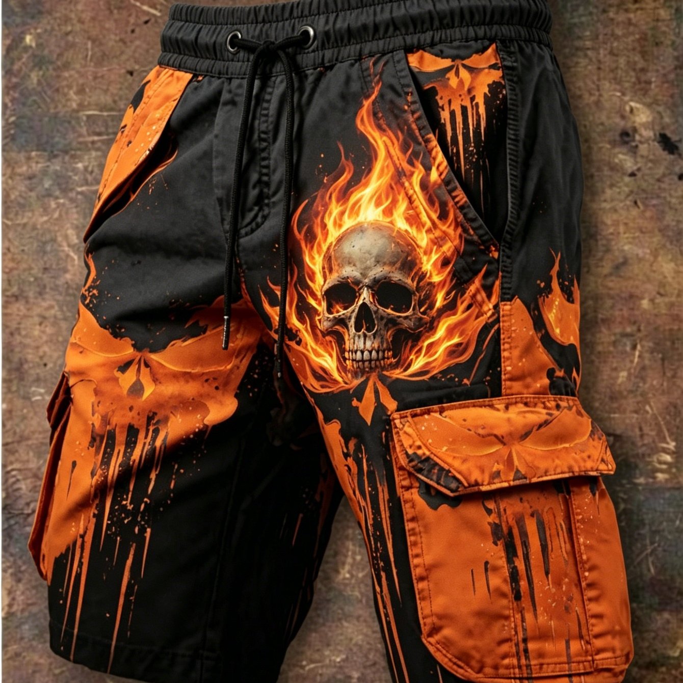 Single-piece Pants (no Belt) Non-faux Denim Fabric Men's Summer Style Casual Cargo Shorts, Flame Skull Multi-pocket Drawstring Design, Suitable For Daily Outdoor Wear