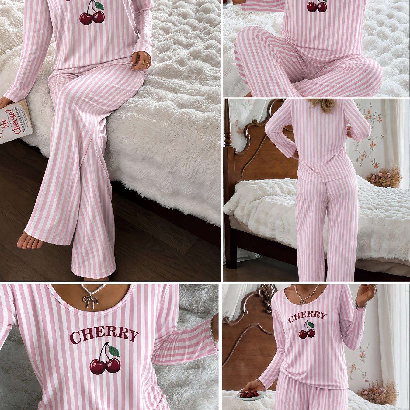 TEMU Women's Pajama And Loungewear 2pcs Set, Spring Summer Autumn Casual Sleepwear, Wear, Cherry-themed Pajama Set, Loose Round Neck Long Sleeve Top