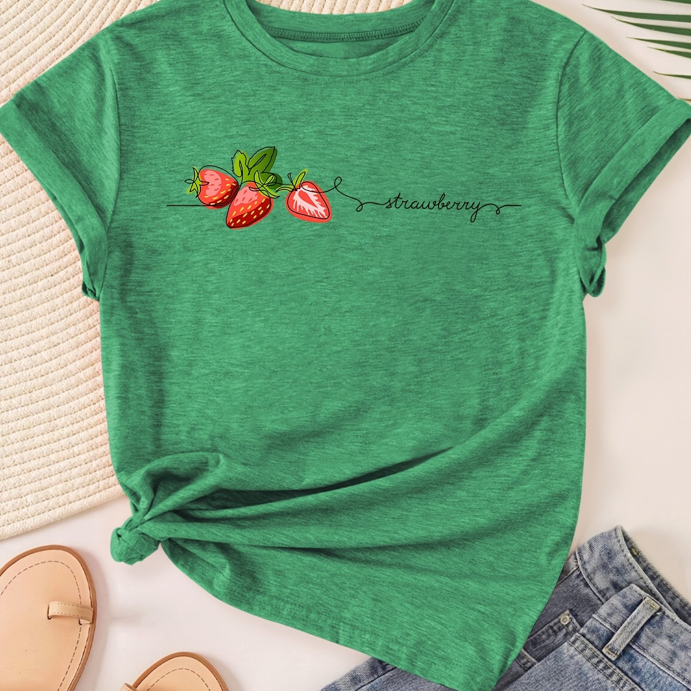 E-shop Niedliches Erdbeer-Englisch Buchstaben Mode Retro Stil Frühling Sommer Lässiger Sportlicher Rundhals Kurzarm T-Shirt S-XXL