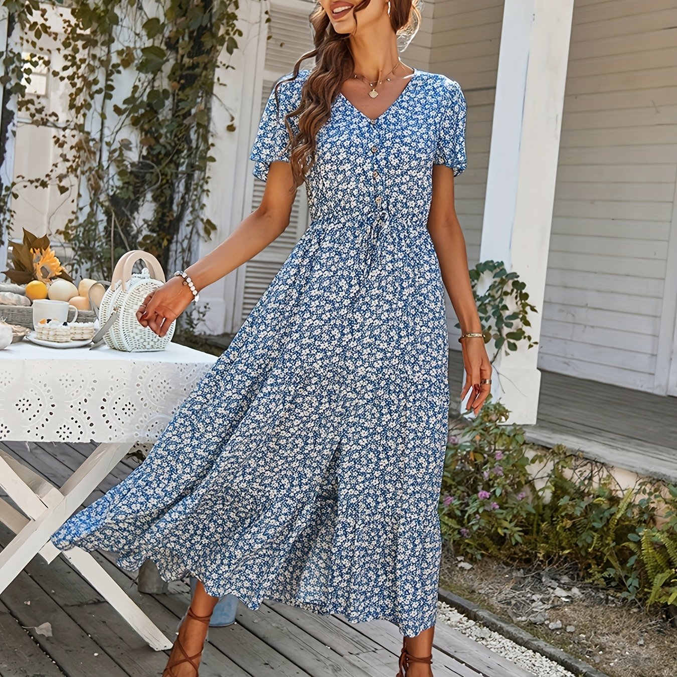E-shop Neues elegantes, locker geschnittenes, langes Kleid mit Blumenmuster für Damen, Sommer, Strandurlaub, Freizeit, Viskosekleider, hoher Bund,