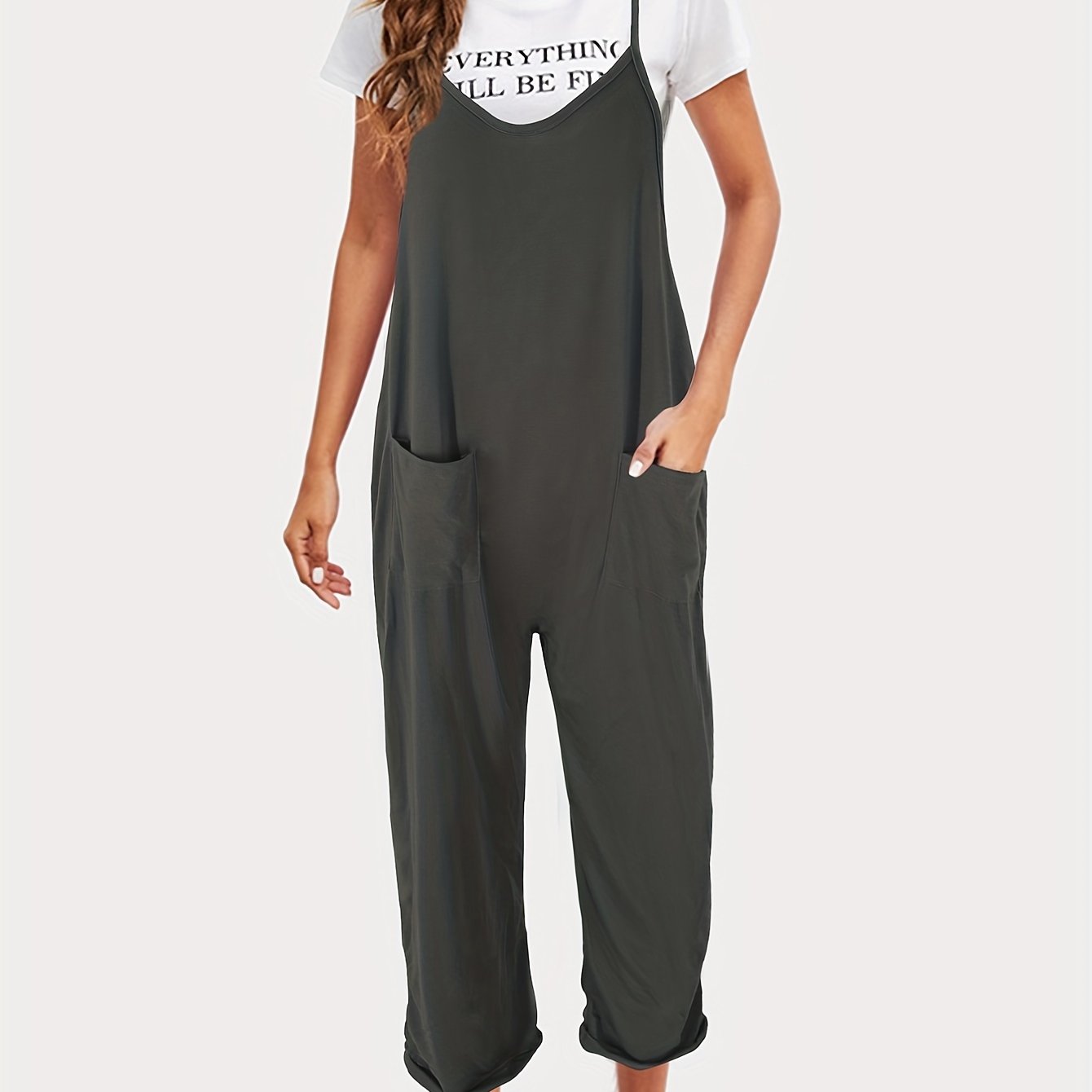 Solid Loose Cami Jumpsuit, Sleeveless Casual Jumpsuit, Women's Clothing