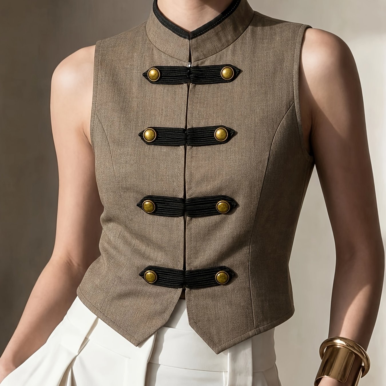 TEMU Women's Vintage Vest, Lapel Design With Metal Decoration, Small Collar