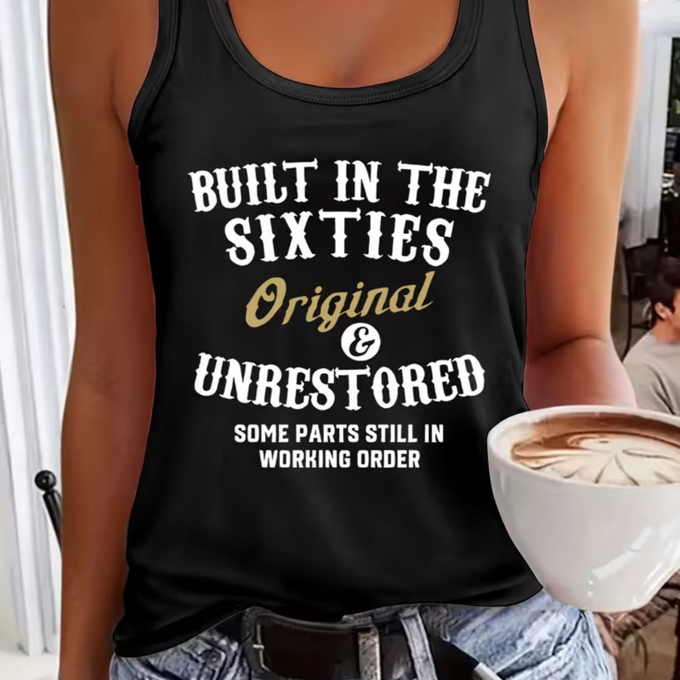 TEMU Women's "built In Original And Unrestored" Print Tank Top, Casual Sleeveless Racerback Vest, 60s Birthday Graphic Top, Black Summer Casual Tank