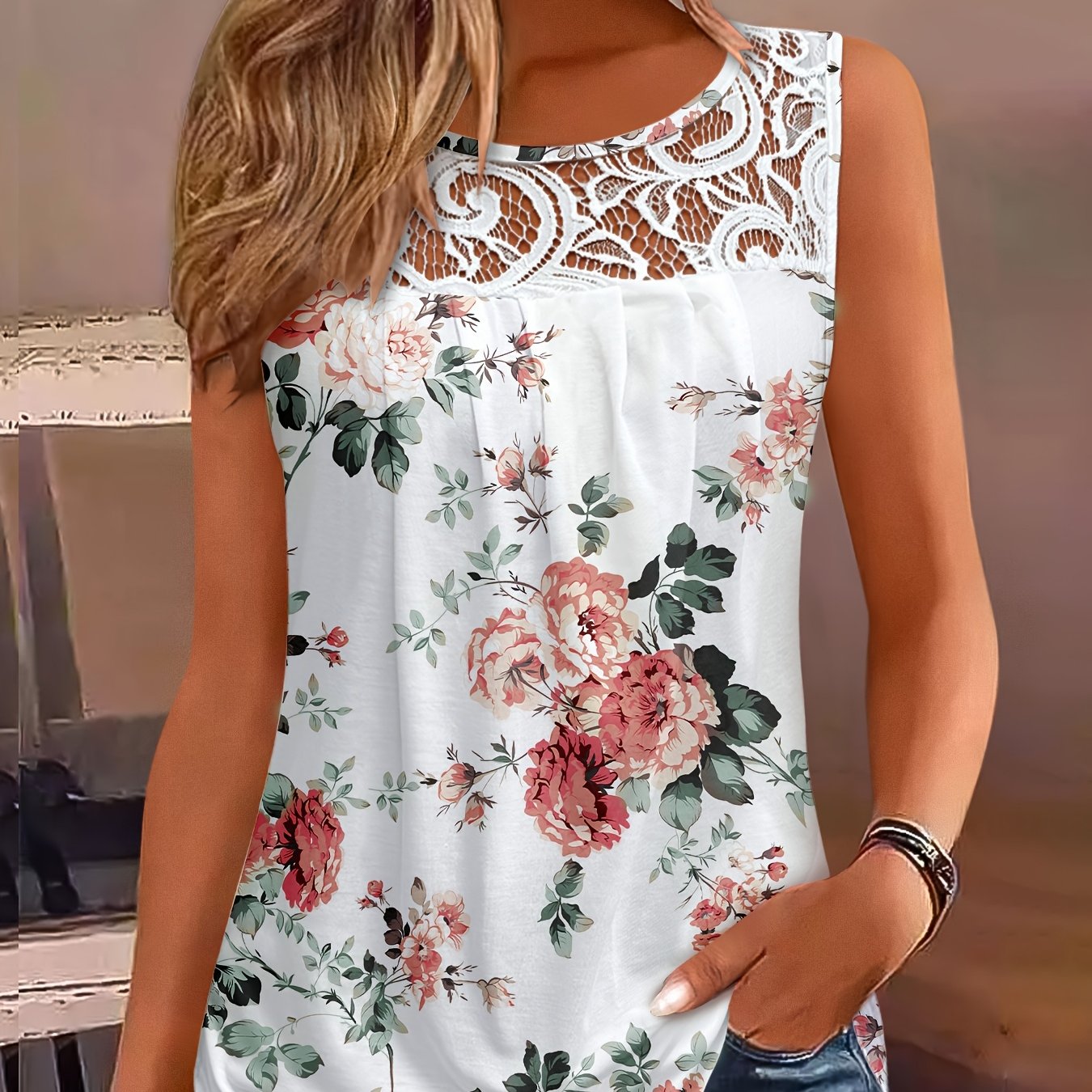 Summer Fashion Printed Hollow-out Lace Sleeveless Tank Top