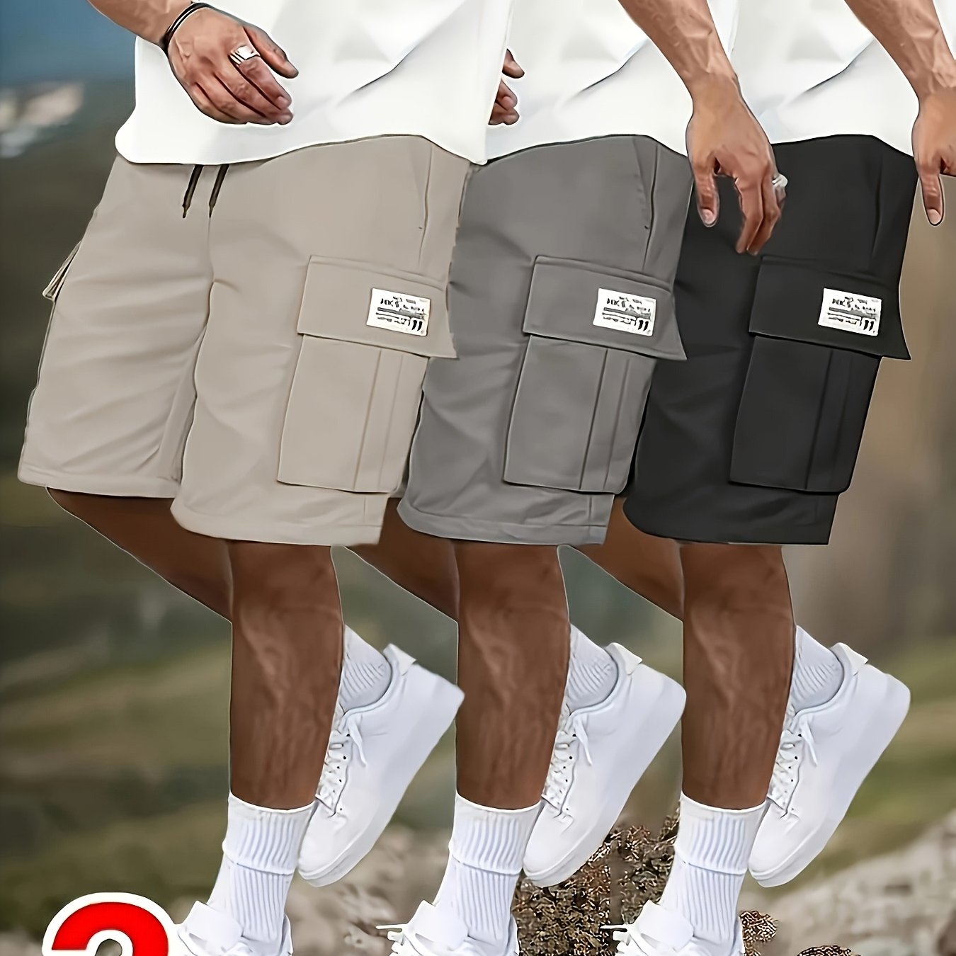 TEMU Pantaloncini cargo casual da 3 pezzi - Vita a altezza, Multiple tasche multiuso, Vestibilit� in tessuto resistente per e attivit� (, Beige,