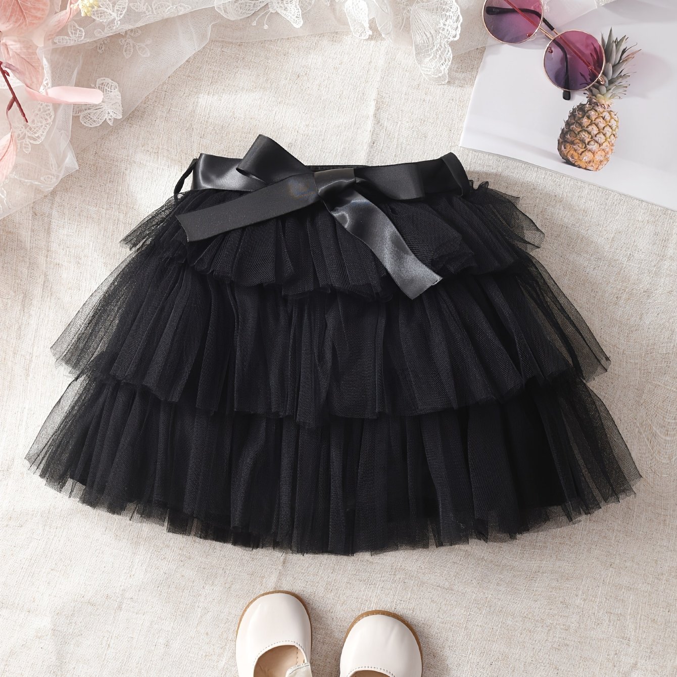 Image of Little Girl's Summer Layered Tulle With Bow Belt And Ruffle Ballet Skirt For Festive Parties, Performances, And Outdoor Activities, Halloween