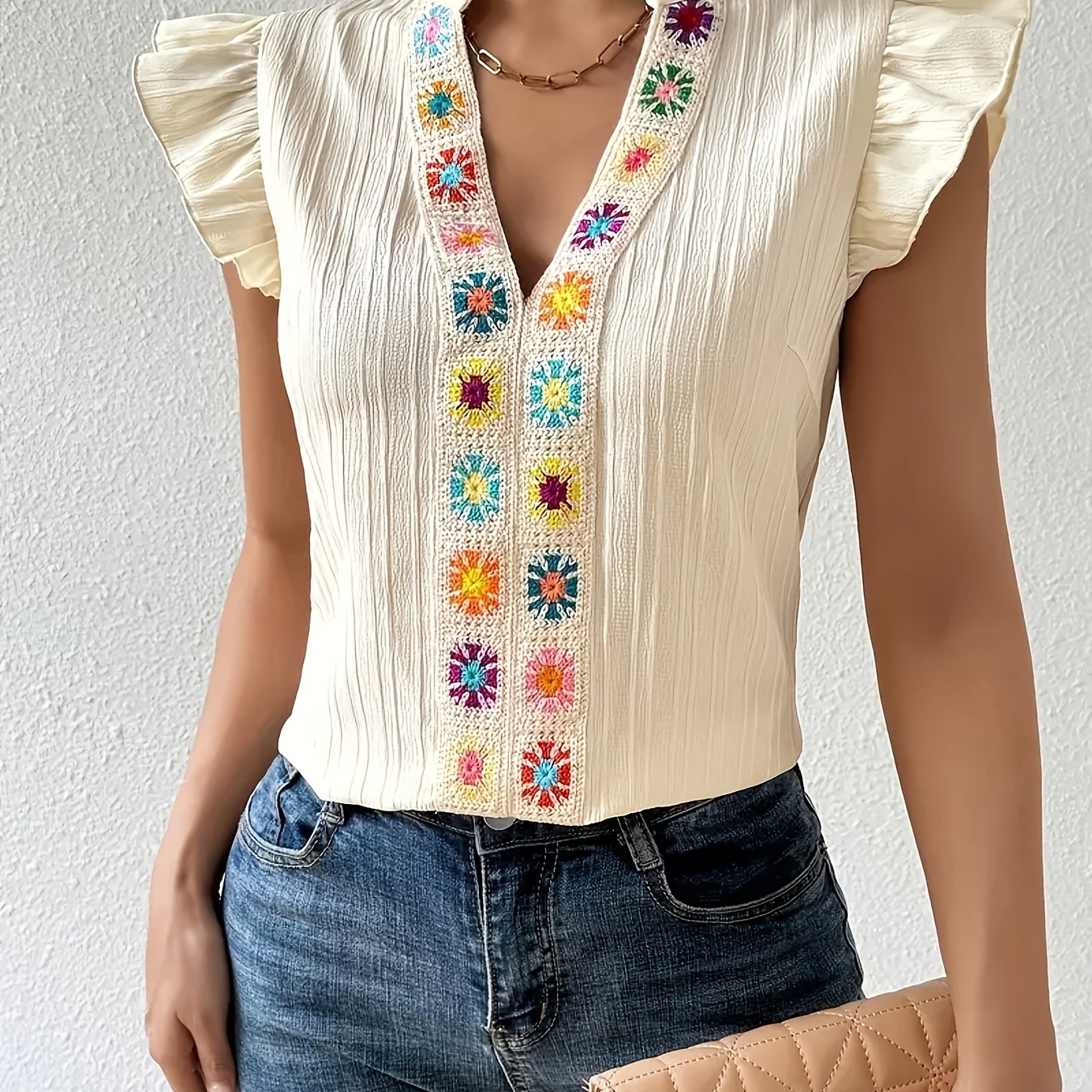 TEMU Pattern Lapel Ruffle Underarm Shirt