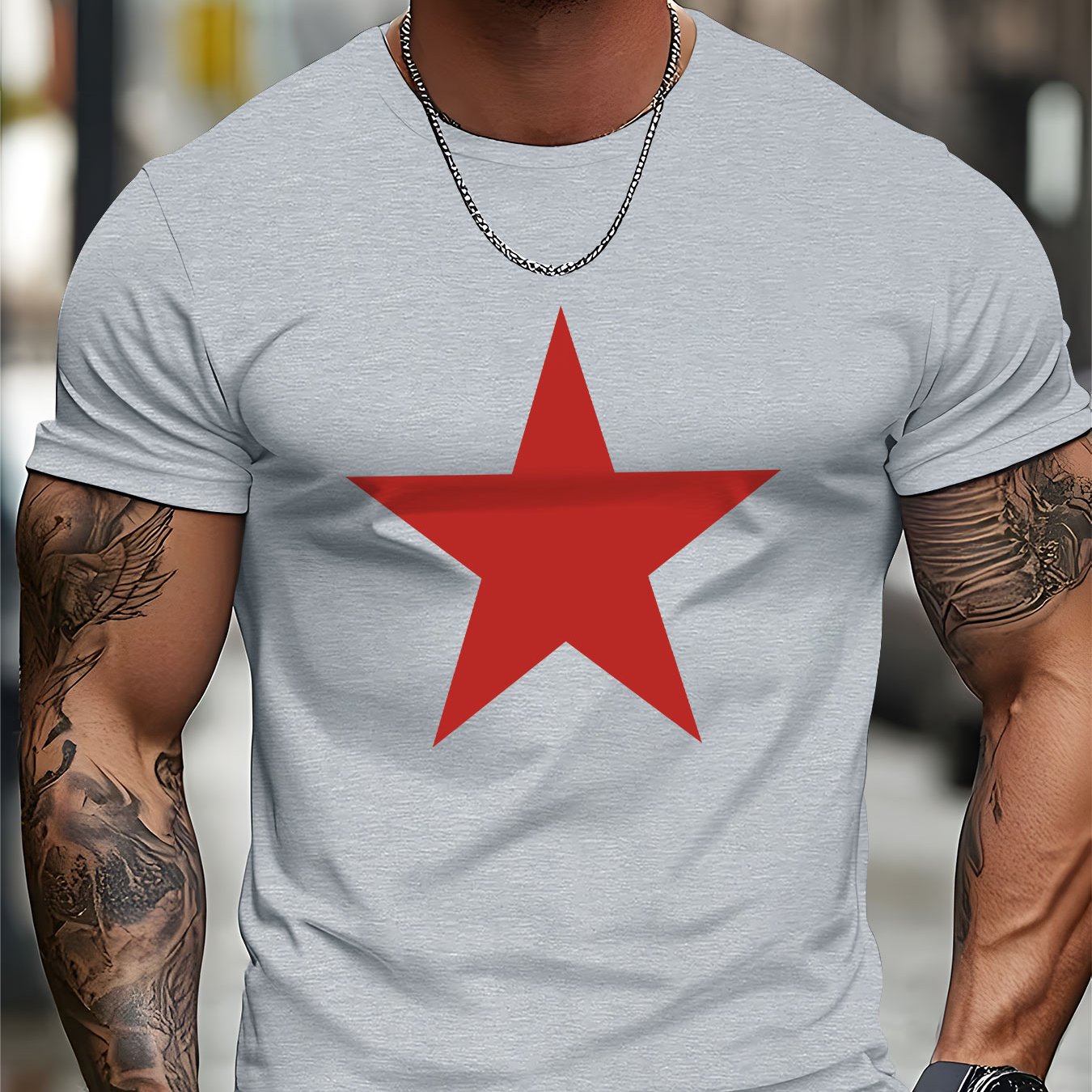 TEMU Men's Summer Crew Neck Top With -pointed Star Pattern, Comfortable And Versatile Crew Neck T-shirt For Men, Casual And Stylish Short Sleeve