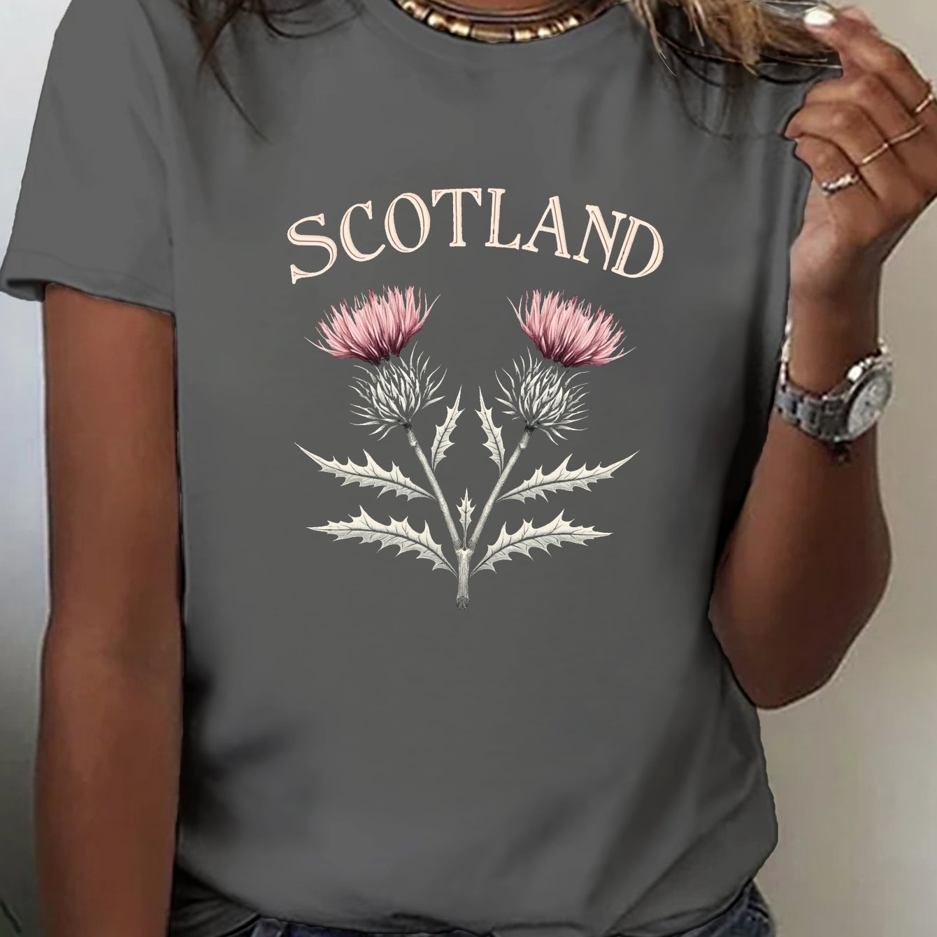 TEMU Scotland Thistle Illustration Print T-shirt, Short Sleeve Crew Neck Casual Top For Summer & Spring, Women's Clothing