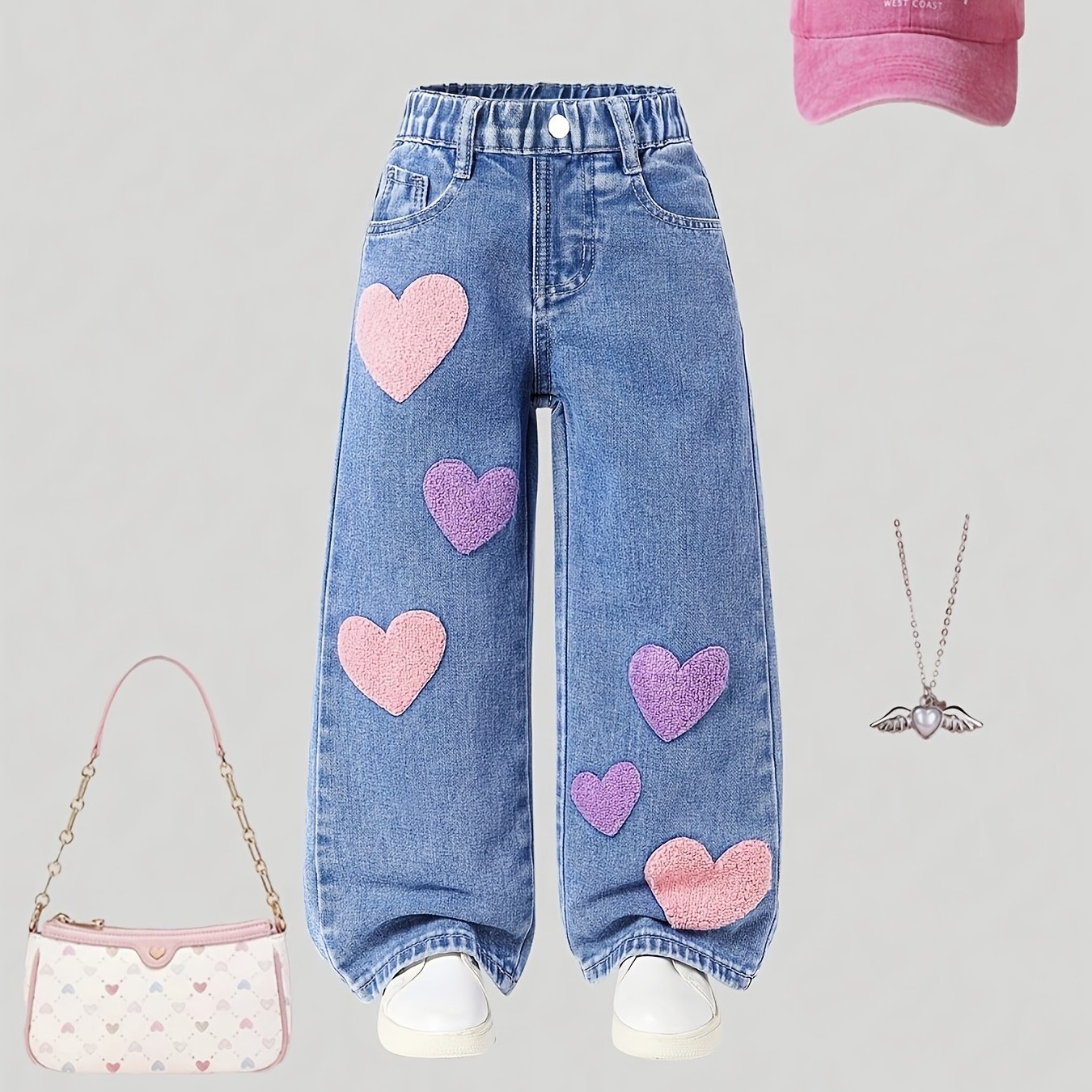 Image of Kids' Denim, Girls' Heart Towel Embroidered Patch Decor, Loose Straight Relaxed Waist Design, Soft Comfortable Skin-friendly Denim Fabric, Versatile Casual Outing Party Cute Trousers, Item, Halloween