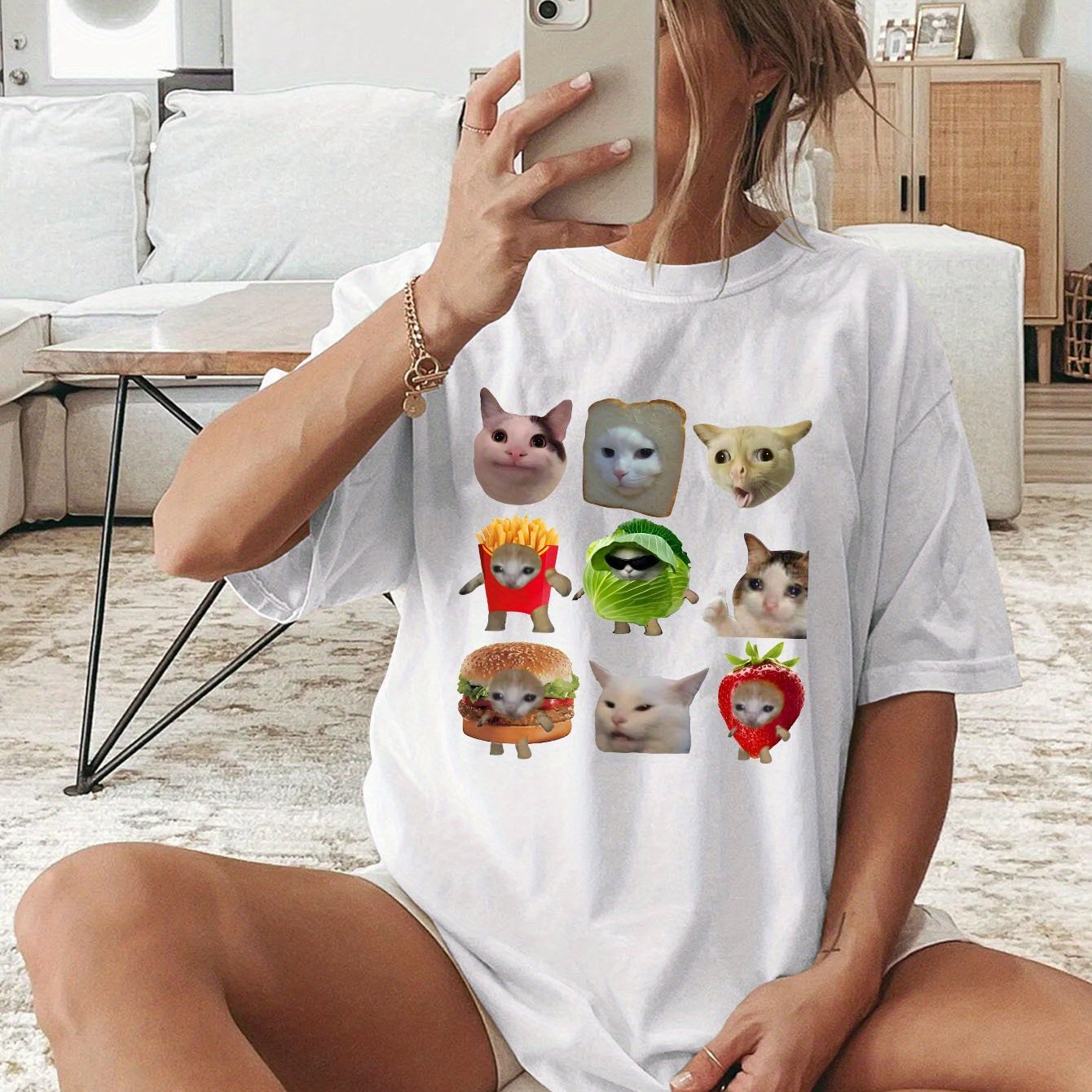 TEMU 귀여운 고양이 아바타 레터링 프린트 티셔츠, 여성용 반팔 크루넥 캐주얼 탑, 여름 & 봄용