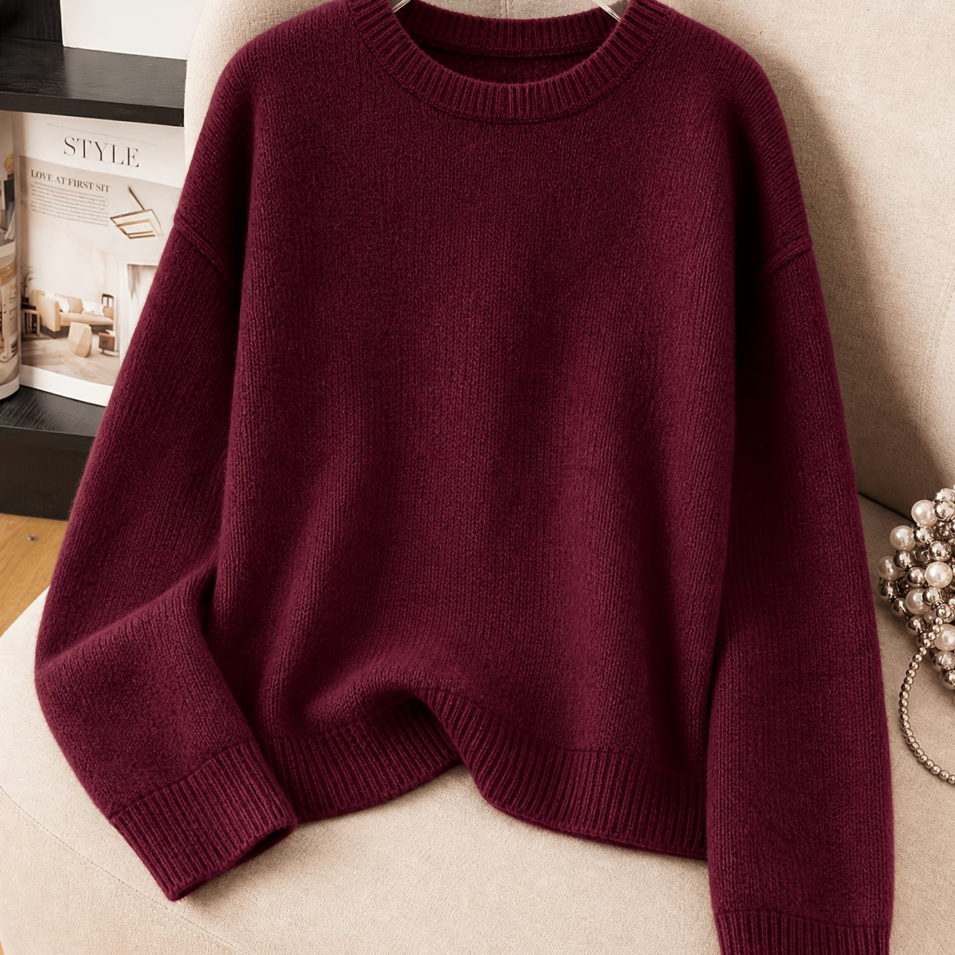 TEMU Women Solid Color Crew Neck Sweater, Long Sleeve Loose Casual Pullover, Soft Warm Top For Autumn Winter Daily Outfit