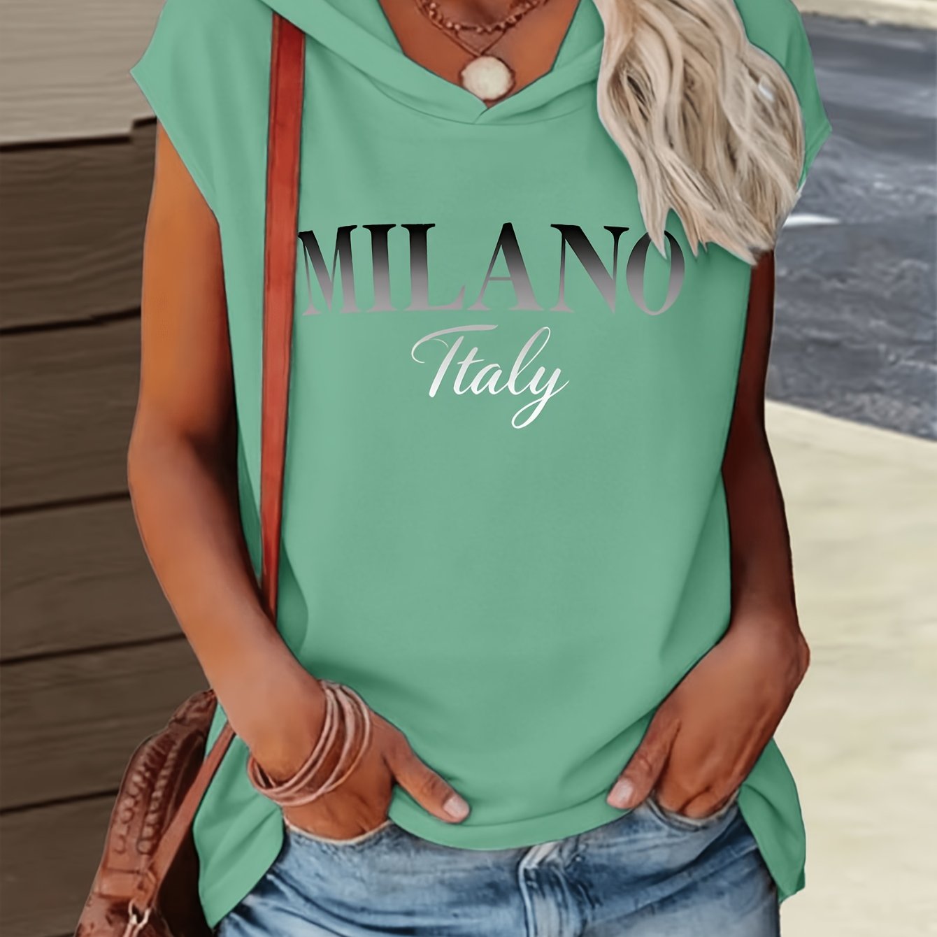 TEMU Loose Fit Comfortable Hooded Letter Print Design Printed Pattern Comfortable All-match Style Summer New Y2k Style Women's Athletic Wear Elegant