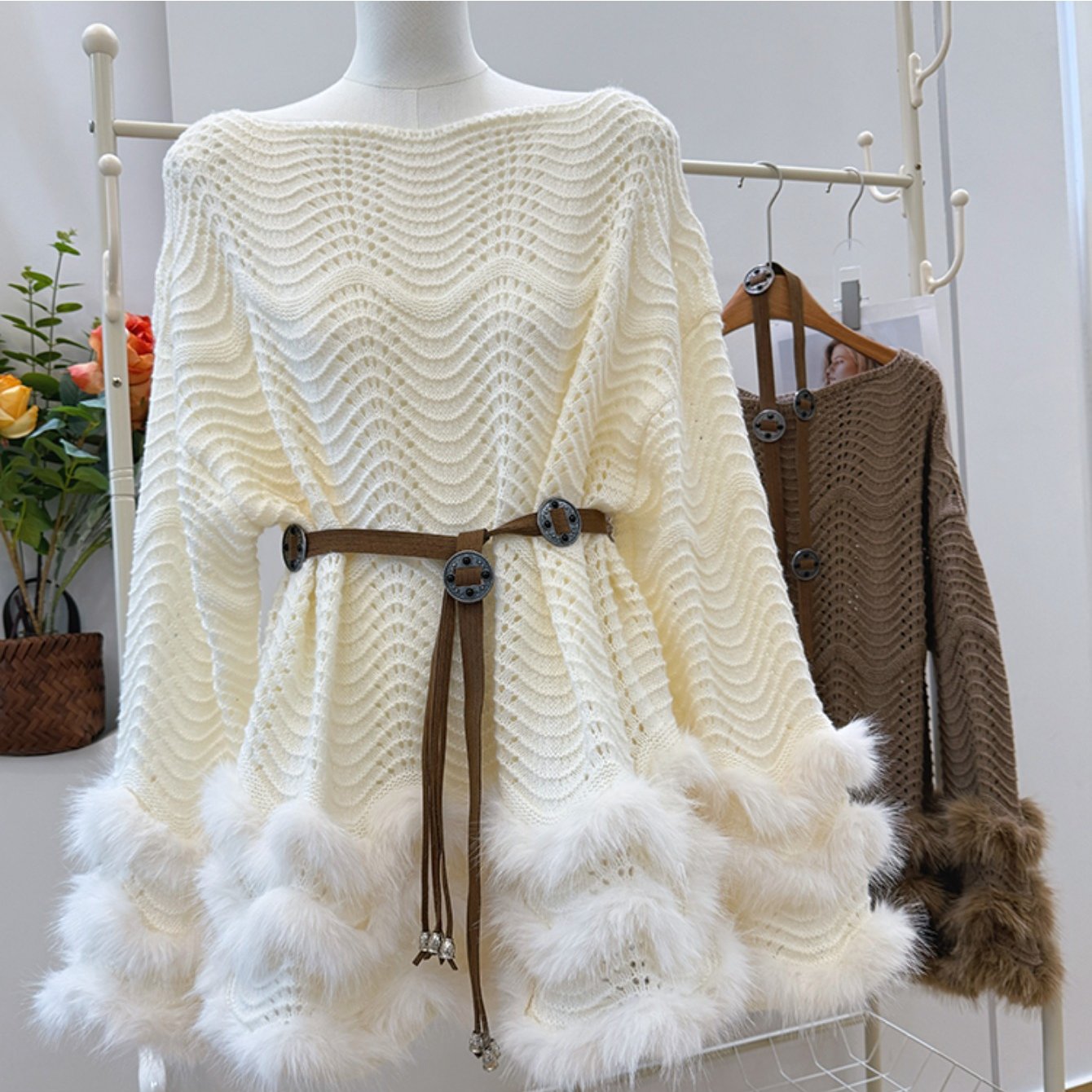 TEMU 【商品名】レディース ト フレンチ シック セータートップ - オフショルダー/ワンショルダー ブラウス ベルト付き、長袖 冬用セーター ル & - レディース 秋/冬 服、秋のファッション、オフィスウェア、ファー