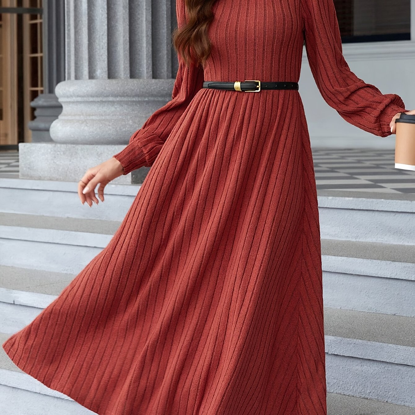 TEMU Ribbed Crew Neck A-linedress, Elegant Long Sleeve Dress For Spring & Fall, Women's Clothing