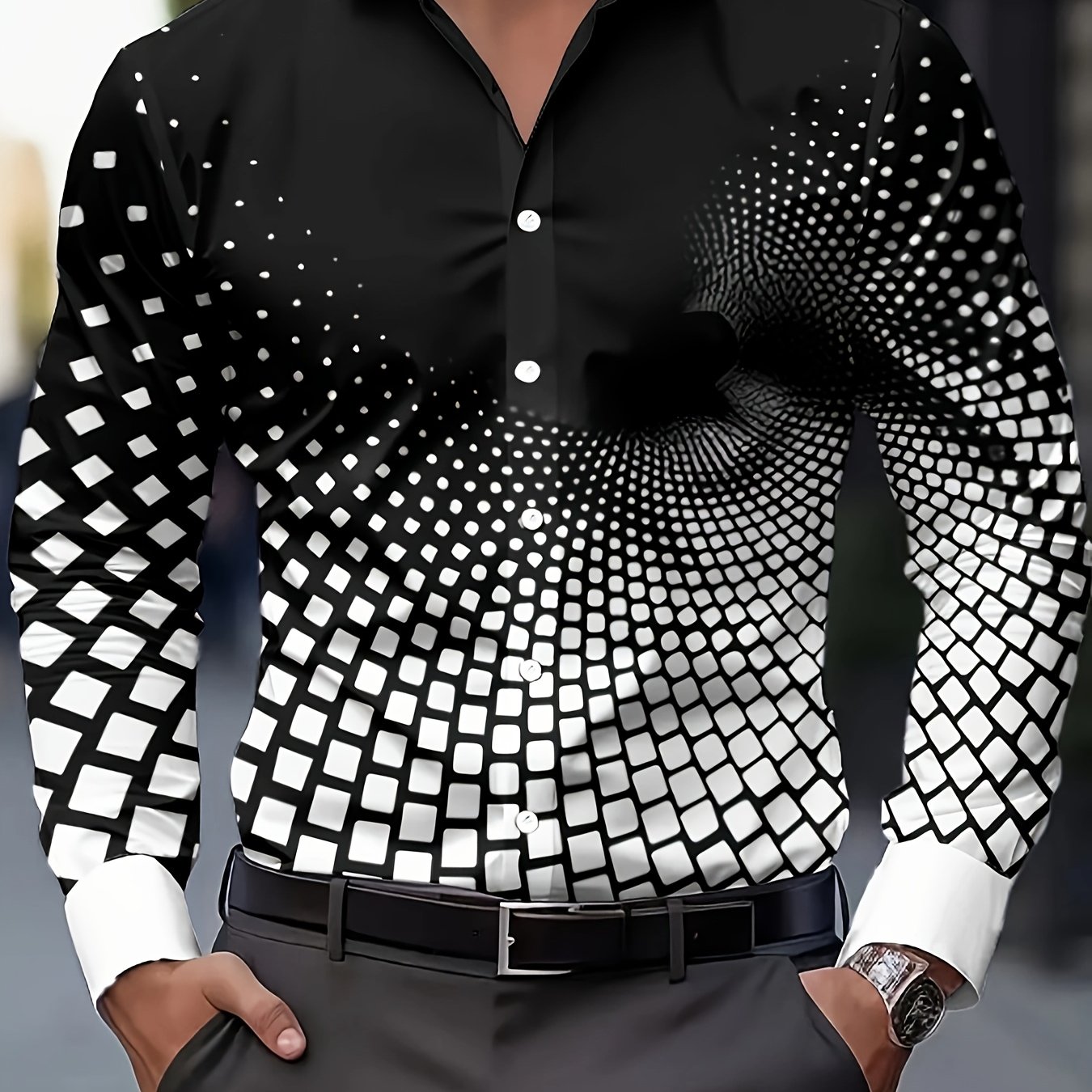 TEMU Men's Fashion Print Shirt, Spring/autumn Casual Breathable Turn- Collar Button-up Long Sleeve Shirt