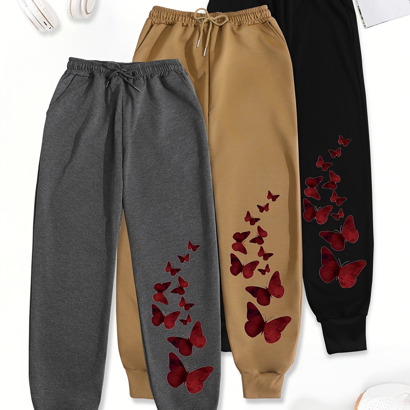 TEMU Set Of 3 Letter Print Trousers, Comfortable Elastic Waist Casual Pants For Women