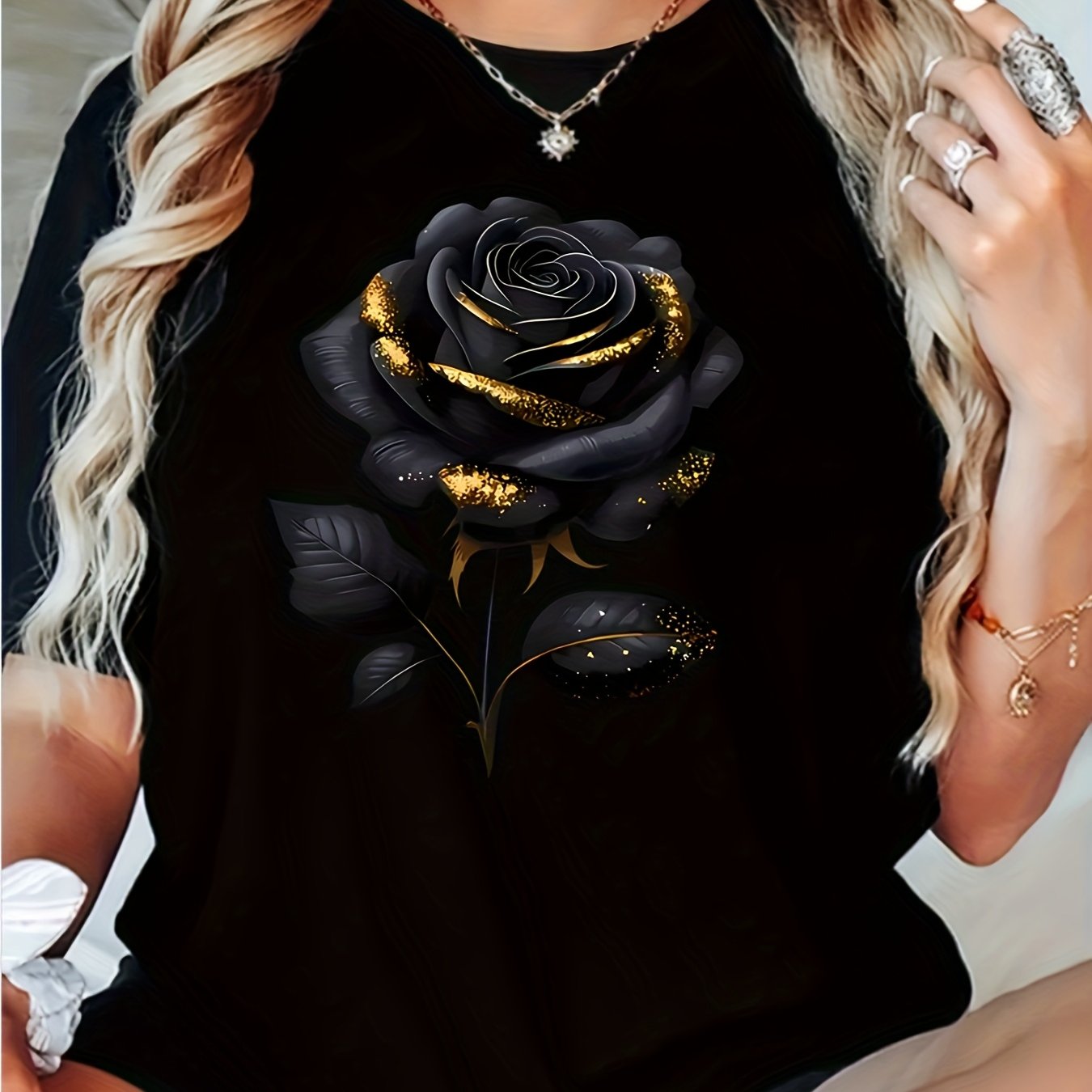 Image of A T-shirt Designed With Black Rose And Golden Glitter Theme Women's T-shirt High Quality Pure T-shirt Suitable For Spring Summer Casual Daily Wear Gift For Who Love Floral Fashion