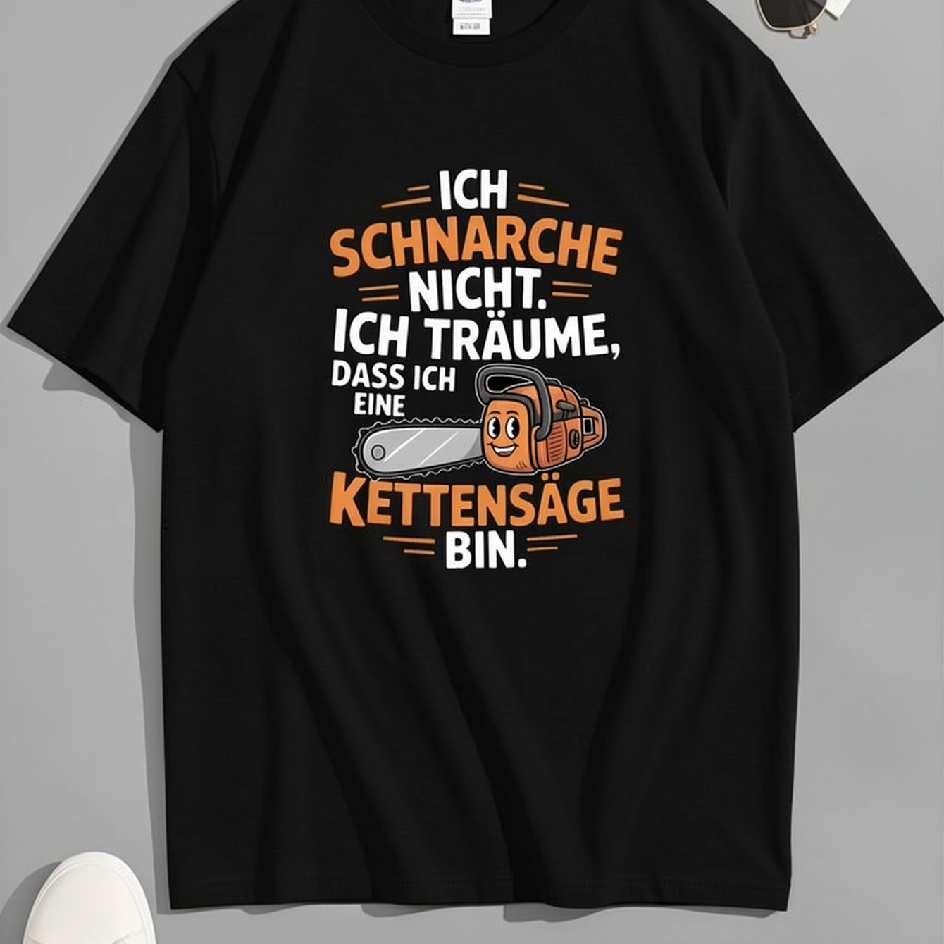 Image of Men's German Saying T-shirt - Funny 'ich Schnarre Nicht' Chainsaw Graphic Tee - Loose Neck Shirt - Breathable Casual & Sporty Style - Plus Size