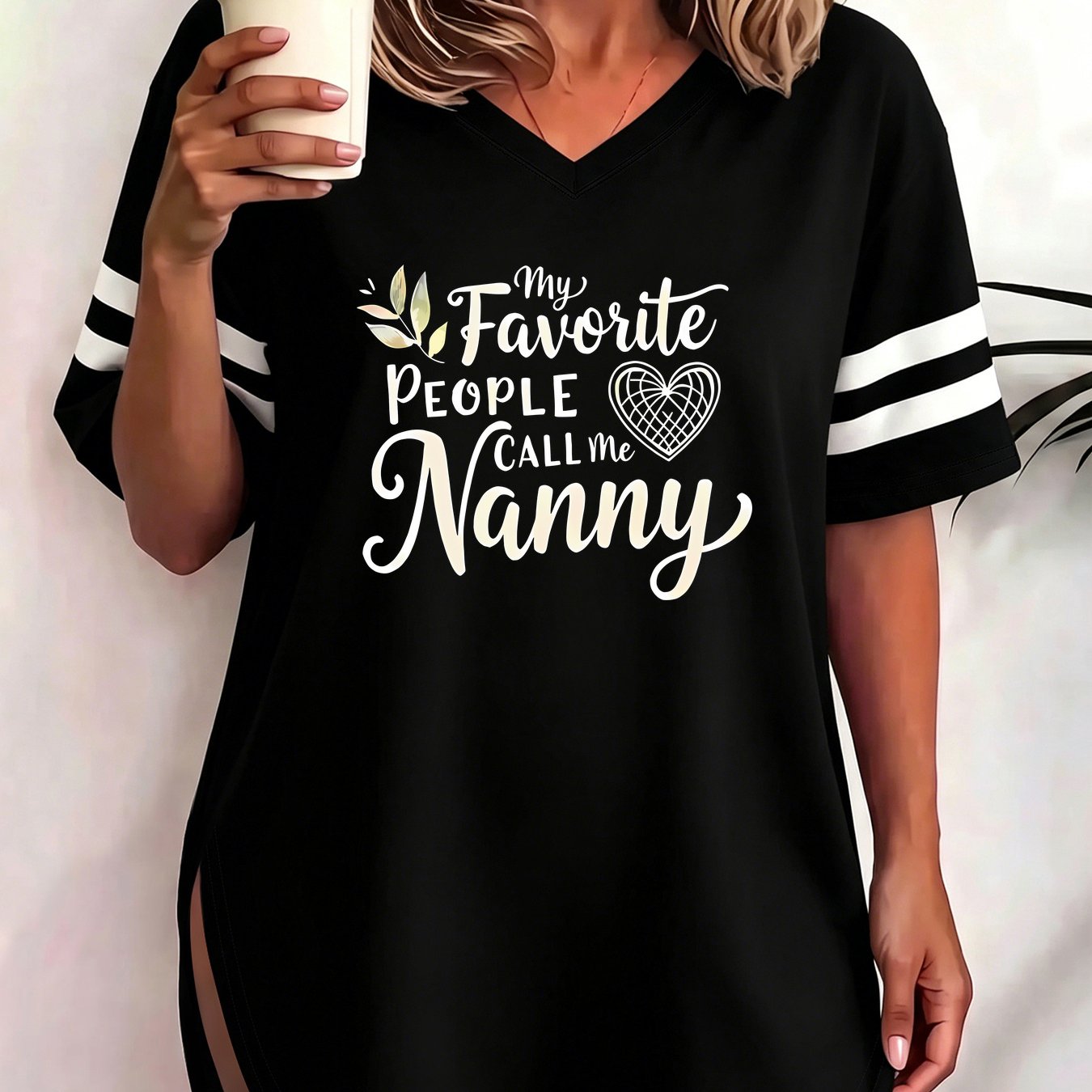 TEMU Plus Size, People Call Me Nanny" Printed T-shirt, Plus Size 1xl To 8xl, Letter Print Graphic Tee, Women's Short Sleeve V-neck Top With Side