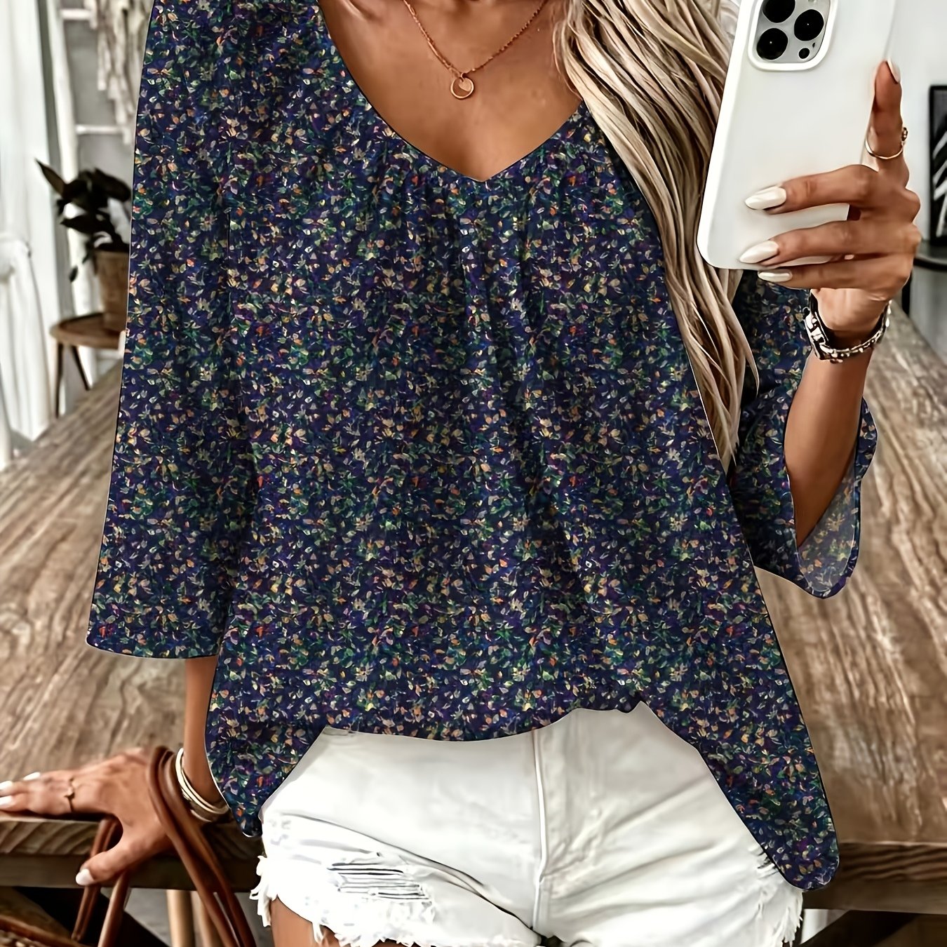 TEMU Plus Size, Plus Size Women's Vintage Blue Floral Three-quarter Sleeve V-neck Shirred Blouse, Loose Fit Casual Daily Versatile Top