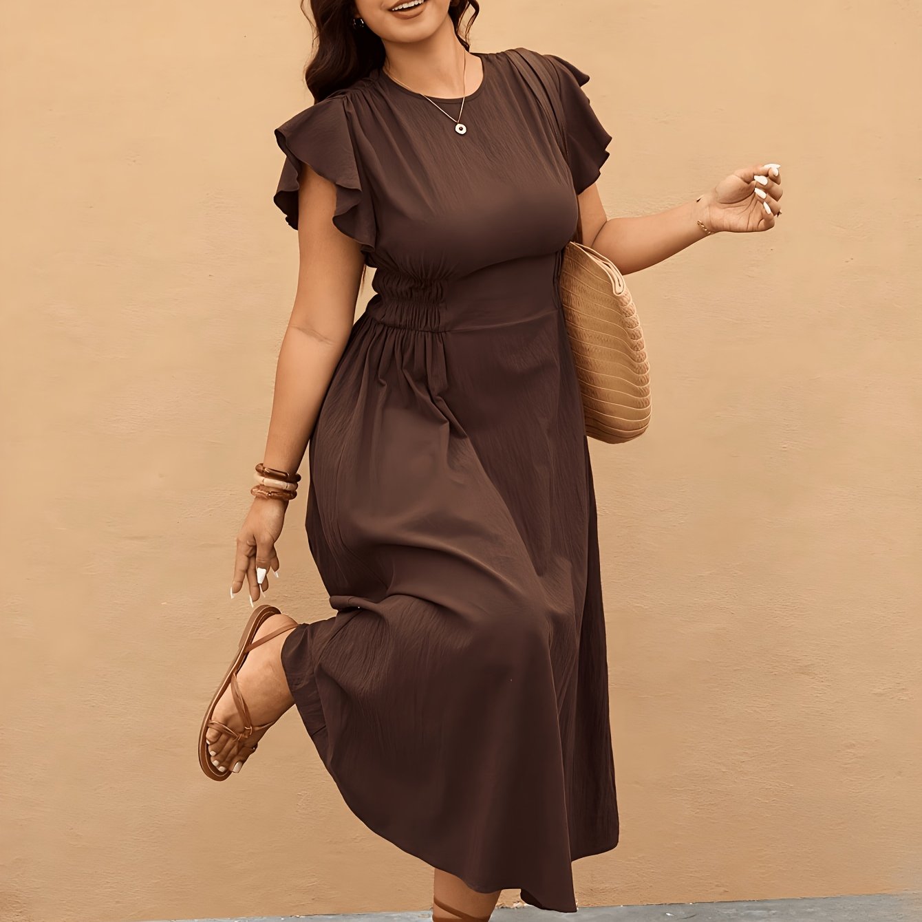 TEMU Plus Size, Plus Women's Textured Midi Dress For Spring, Summer, Autumn, And Winter, Round Neck With Small Flutter Ruffle Sleeves, Elastic Waist