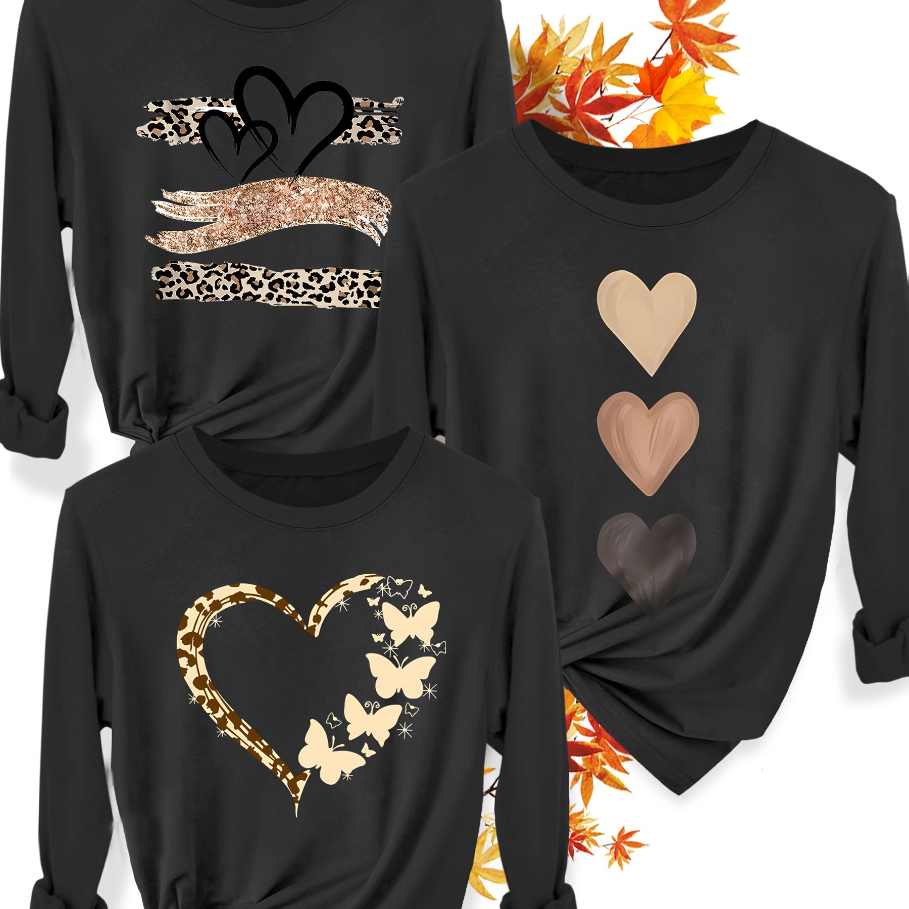 TEMU 3pcs Sister Set: Simple Clear Line & Heart Print Soft Comfortable Fashion Elegant Women's Spring Autumn Winter Round Neck Long Sleeve T-shirt,