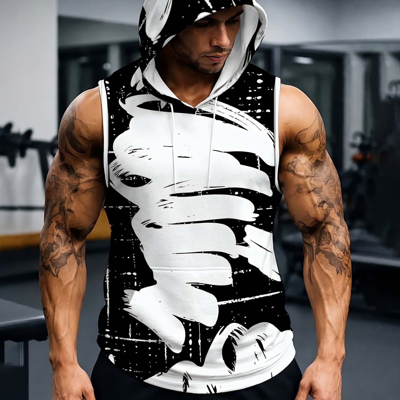 TEMU Men's Hooded Sleeveless Top Black And White Ink Splash Print Sports Fitness Vest Daily Casual Trendy Versatile Breathable Comfortable Slim Fit