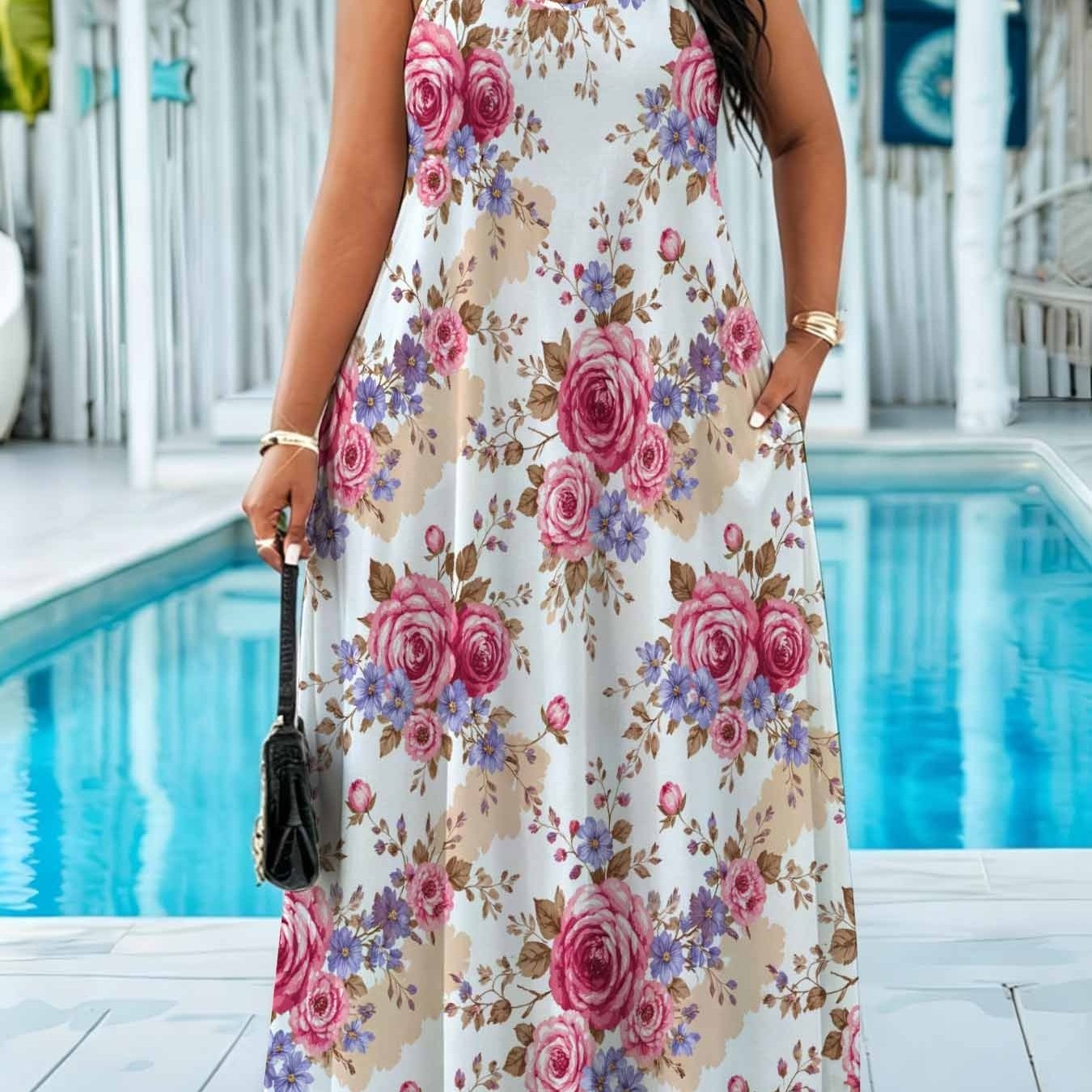 Image of Plus Size, Plus Size- Plus Size- Plus Size Elegant Floral Print Suspender Dress Casual Long Dress. Romantic Retro Bohemian Style, Fashionable And Versatile, Suitable For Vacations, Travel, And Parties