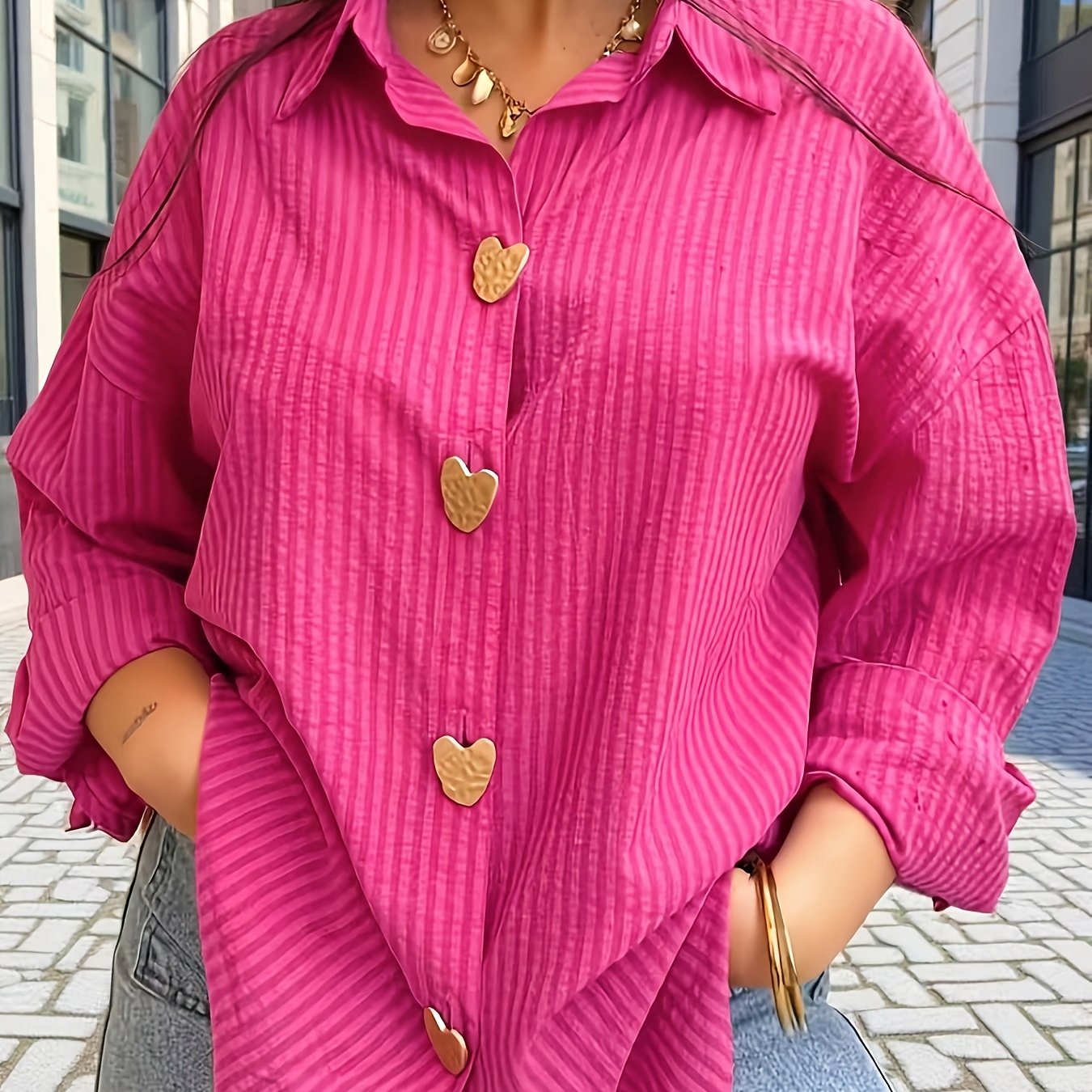 TEMU Plus Size, Plus Size Red Fashionable Casual Striped Women's Long Sleeve Shirt With Unique Metal Heart