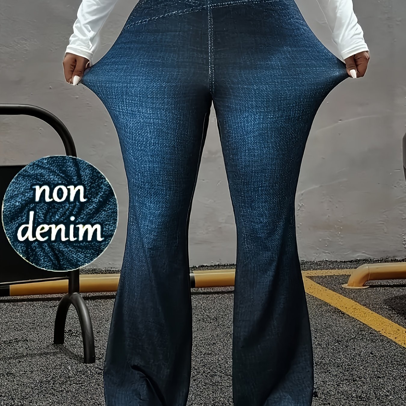 TEMU 【Imitations-Denim】 Übergröße - [ Denim Print/Imitations- Denim] Herbst-Winter Neuankömmlinge Damen Übergröße High-Waist Schlaghose aus Denim -
