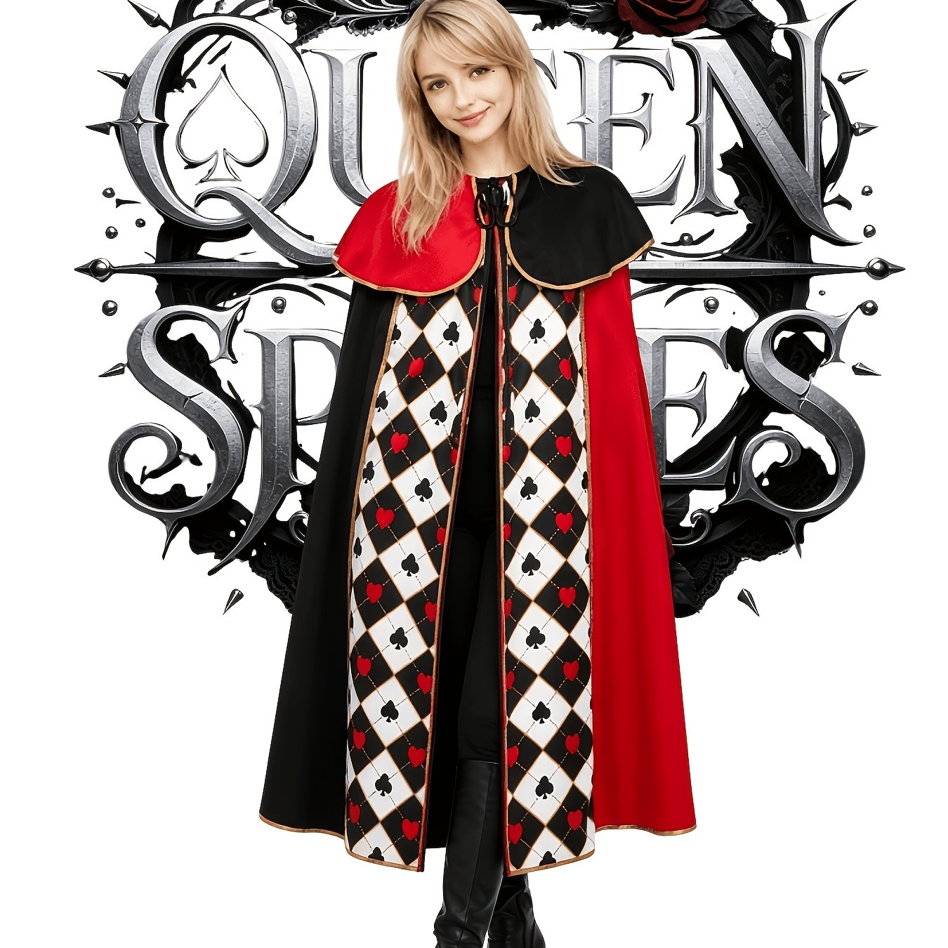 TEMU Capuche unique pour femme sur le thème de la Reine des Poches, cape à carreaux rouges et noirs d'Halloween pour costume de fête de cosplay,