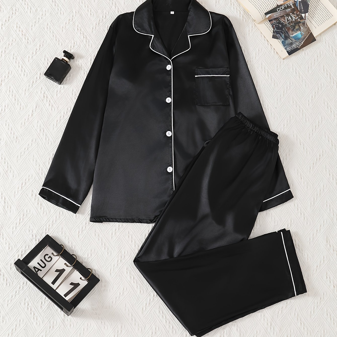 TEMU Autumn Women's Pajama Set, 2pcs, Double-length, Solid Black, Fashionable Satin , Long Sleeves, Lapel Collar, Front Button , Y Smooth Buttons,