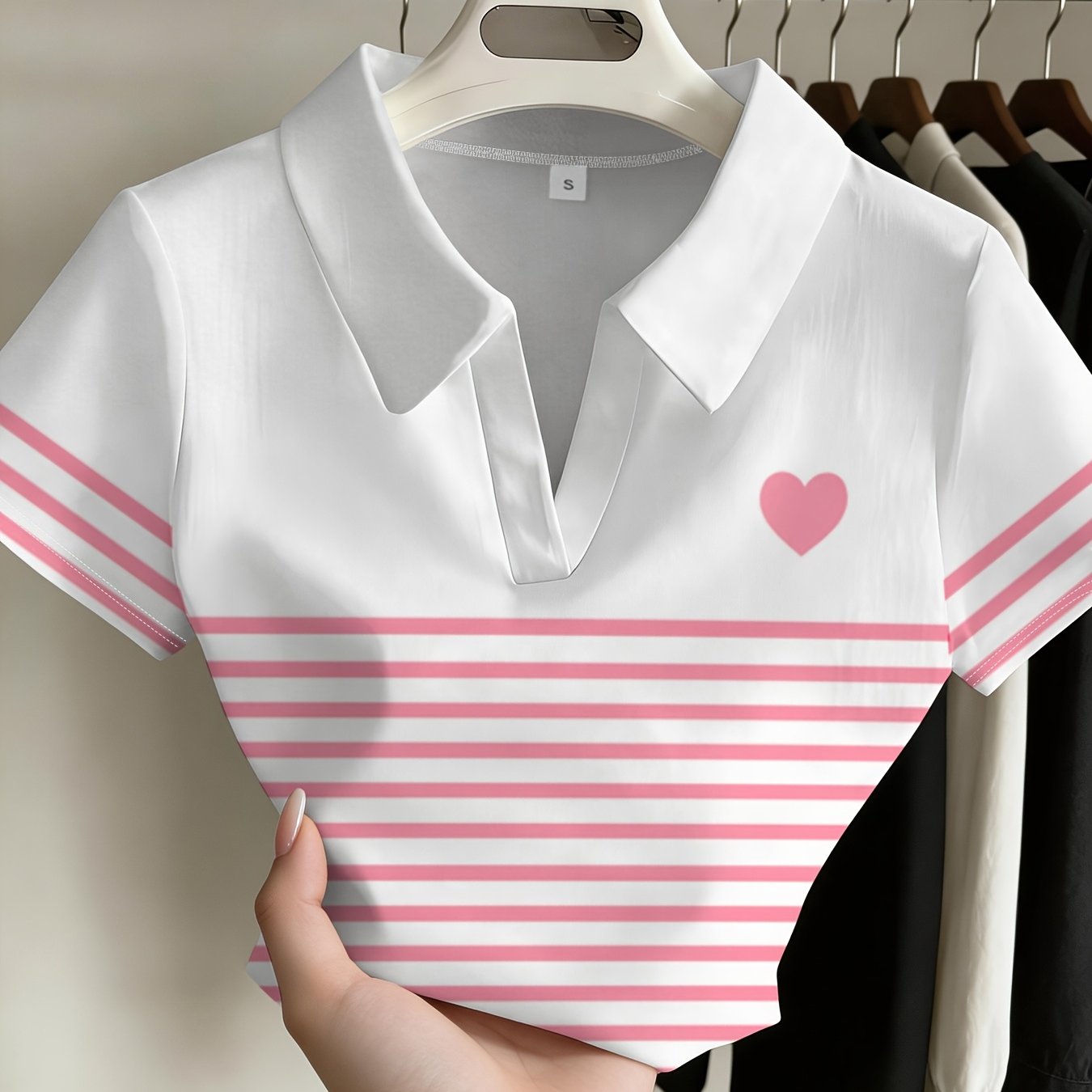 TEMU Pure Pink And White Striped Shirt Women's Summer Printing Slim Fit And Short V-neck Short Sleeve Top