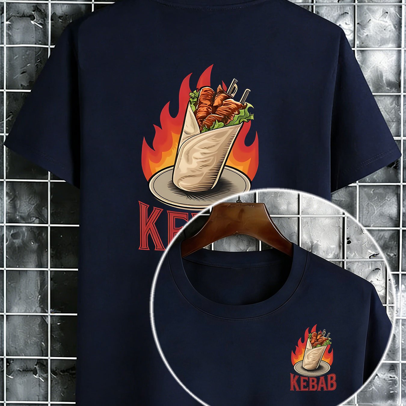 TEMU Men's Flame Kebab Print Short Sleeve T-shirt - Breathable Quick-dry Suitable For , Casual & Sporty Round Neck Tee With Flame Kebab, Regular Fit