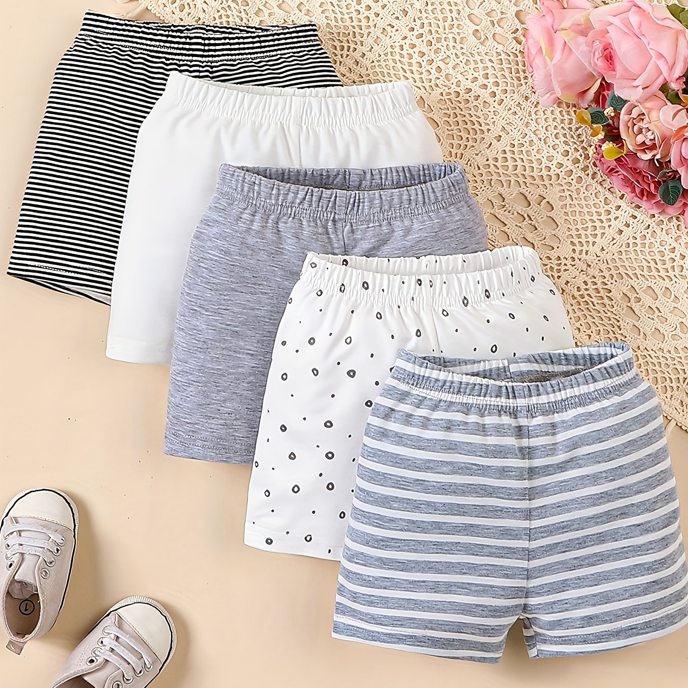 Set Of 5 Boys' Soft And Comfortable Elastic Waist Shorts, In Striped, Solid, And Polka Dot Print Styles, Suitable For Summer , Perfect For Outdoor