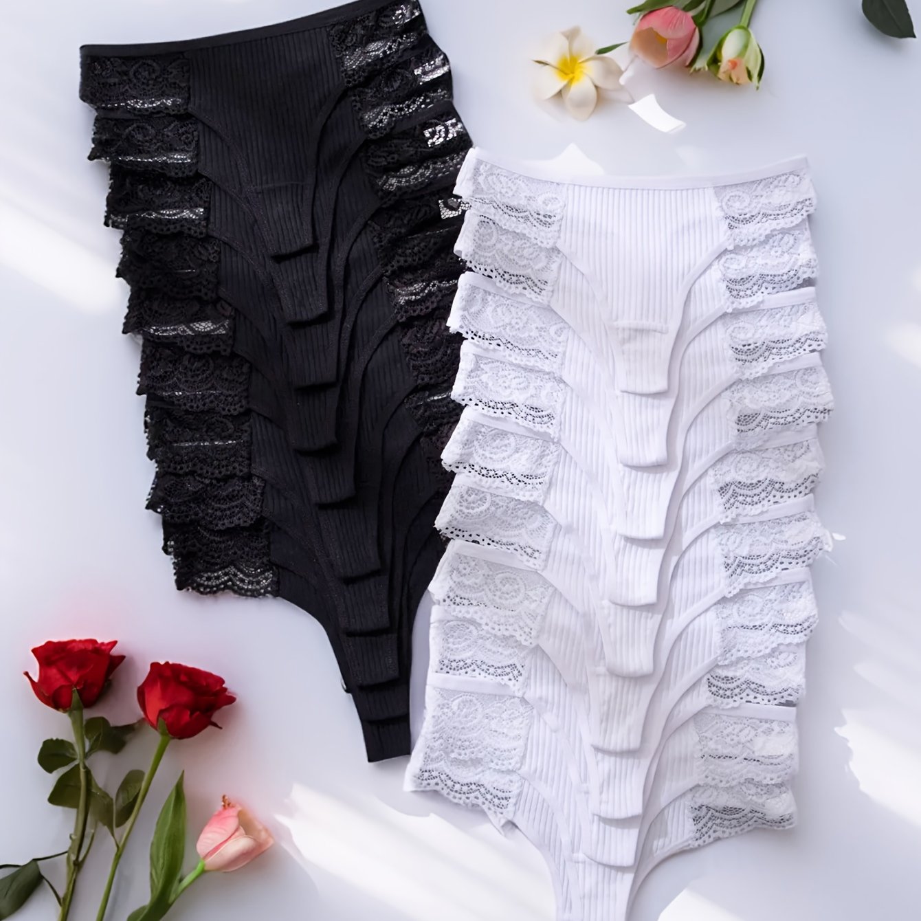 Image of 20-pack Women's Low-rise Panties, Black Thong, White Thong, Wear, Work, And Sports Comfortable Soft Lace Thong, Simple Black Thong