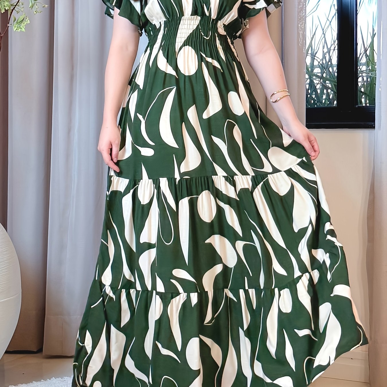 TEMU Women's V-neck Casual Vacation Printed Elegant Pleated Puff Sleeve Waist-cinching A-line Dress
